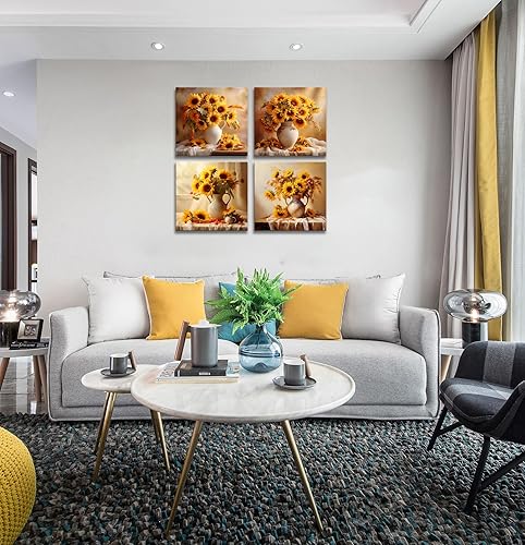 Miniatura 4 de Imágenes de girasoles en lienzo para pared, 4 piezas de jarrón de flores amarillas, cuadros de pared de cocina para decoración de sala de estar,