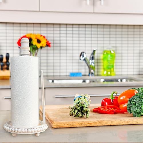 Miniatura 4 de AuldHome - Toallero de papel rústico lavado blanco dispensador de toallas desechables con cuentas de madera para encimera