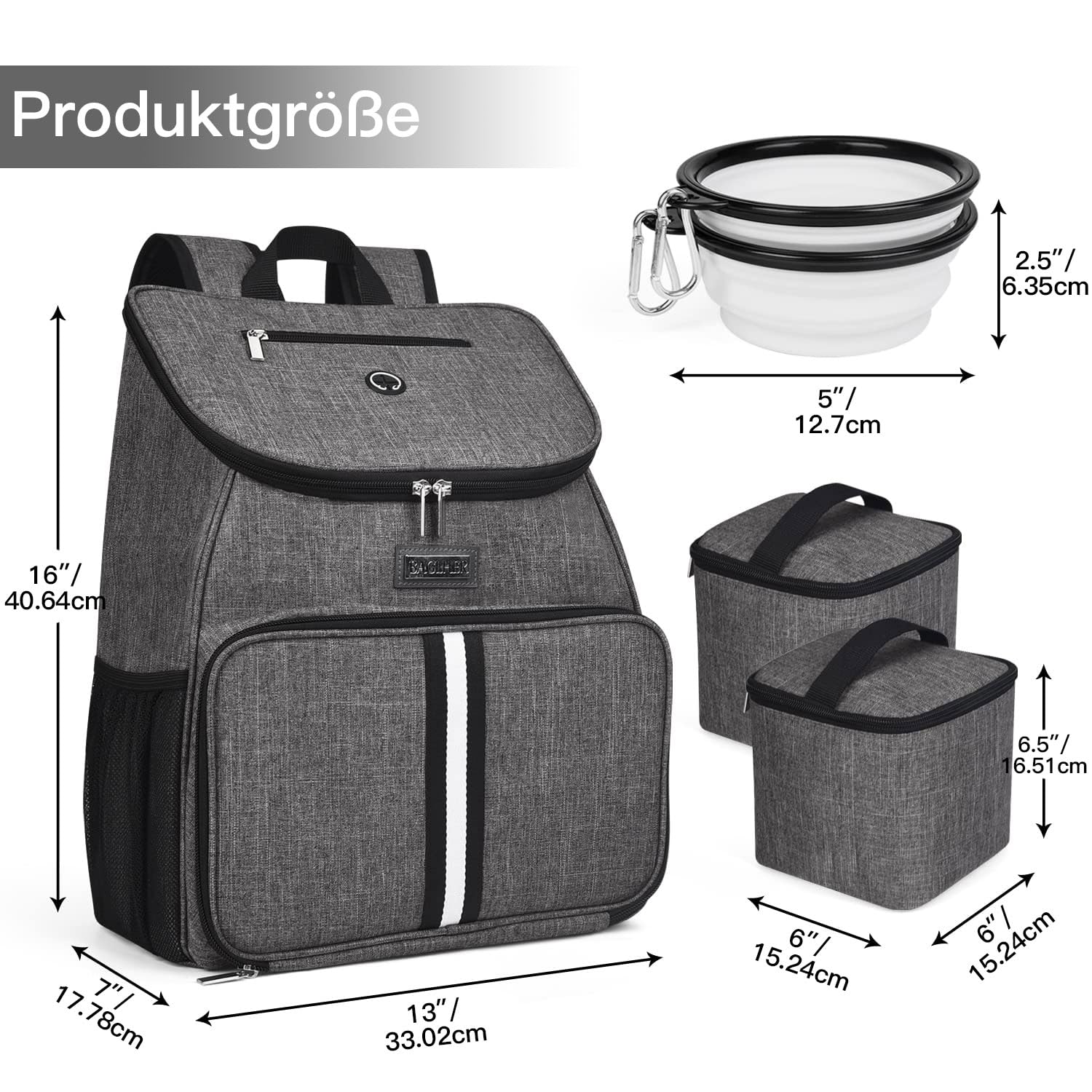 BAGLHER 丨Hundetasche, von Fluggesellschaften zugelassener Haustierbedarf, Rucksack für Hunde, Reise-Rucksack-Zubehör-Set mit 2 faltbaren Silikonnäpfen und 2 Futterkörben, Grau