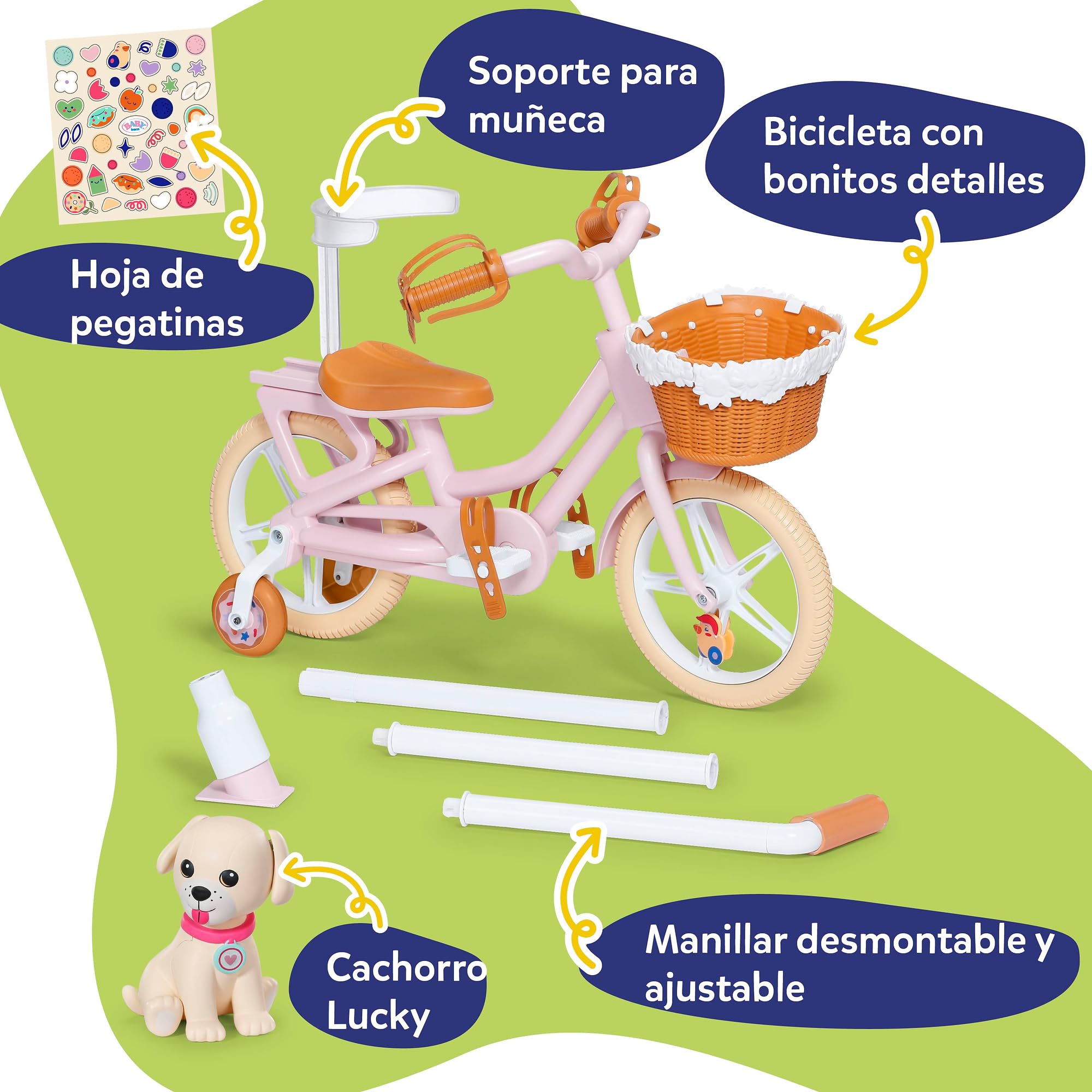 BABY born Bicicleta con Lucky, Bicicleta para muñecas con Cesta, Manillar y Pegatinas