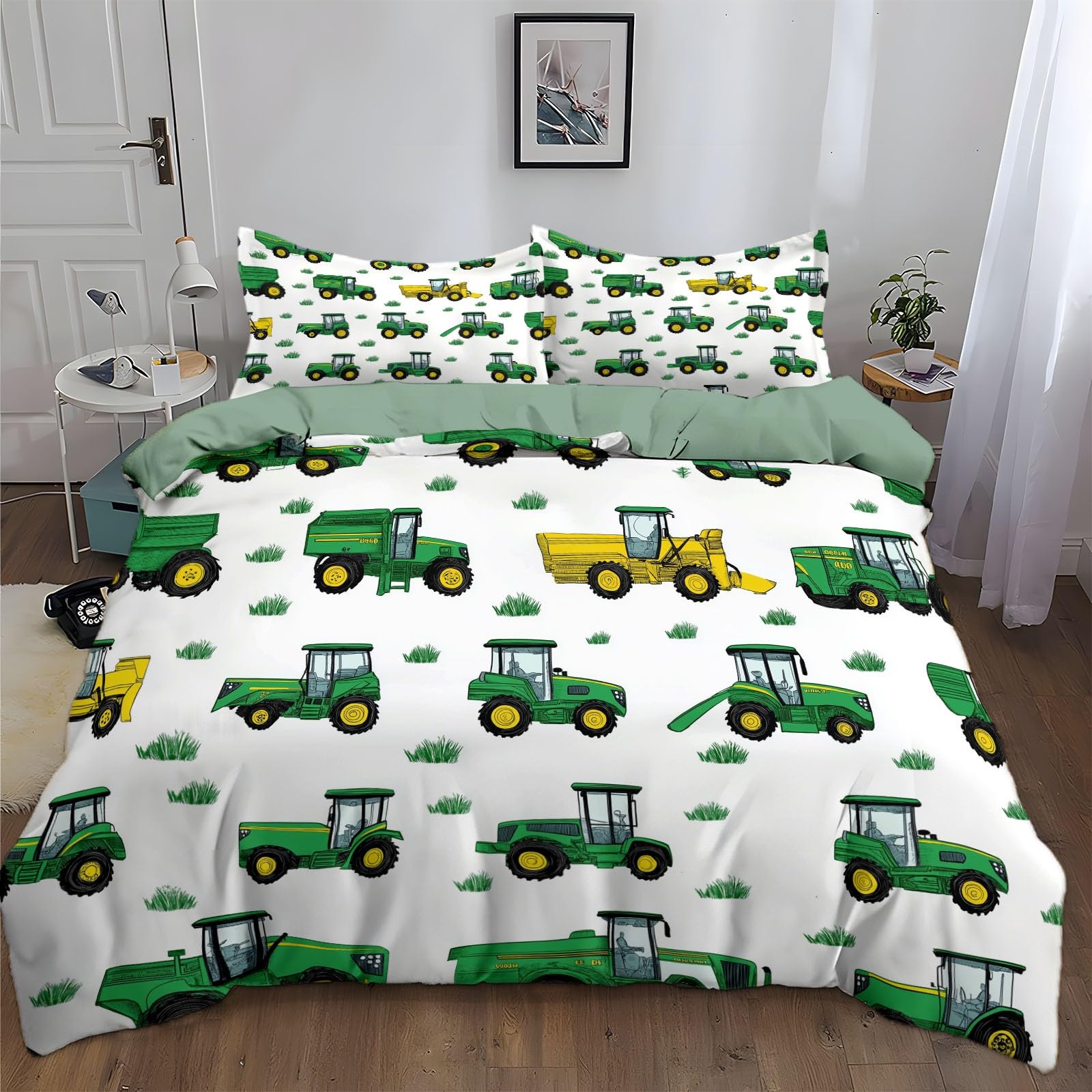 Generisch Zielona pościel 220 x 240 cm, poszewka na kołdrę z zamkiem błyskawicznym, wzór graficzny, traktor, deluxe, miękka mikrofibra, 3-częściowa, dla młodzieży, dzieci, do sypialni