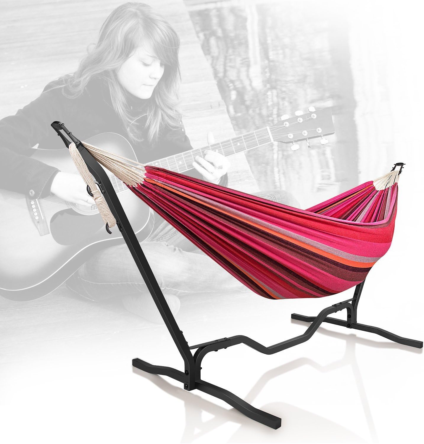 Double Hammock with 9-Feet Steel Stand Unique Guitar Design Travel Camping Two Person Adjustable Hanging Bed 79 x 59 " for Backyard Porch Balcony Garden Lawn Indoor Outdoor Use - Red
