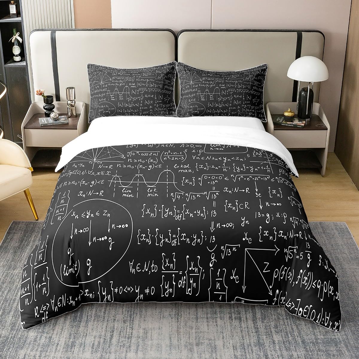 Loussiesd Math Theme Bettbezug Set Mathematical Formula Baumwolle Bettwäsche Set 135x200cm Geometrie Streifen Numbers Betten Set für Kinder Jungen Mädchen Weich Baumwolle Schwarz Weiß Bettwäsche-Set