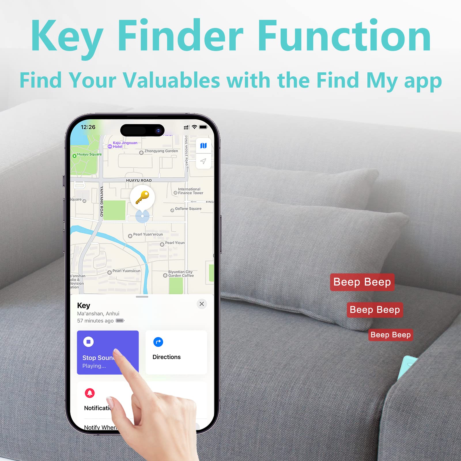 Allarme personale, portachiavi di sicurezza da 130 dB, compatibile con Apple Find My App (solo iOS, Android non supportato), localizzatore Bluetooth e cercatore remoto, torcia LED e luci