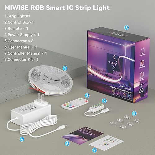 Miniatura 8 de MIWISE COB - Tira de luz LED, RGB Smart IC COB, tira de luces LED con sincronización de música Bluetooth con control de aplicación, persecución de