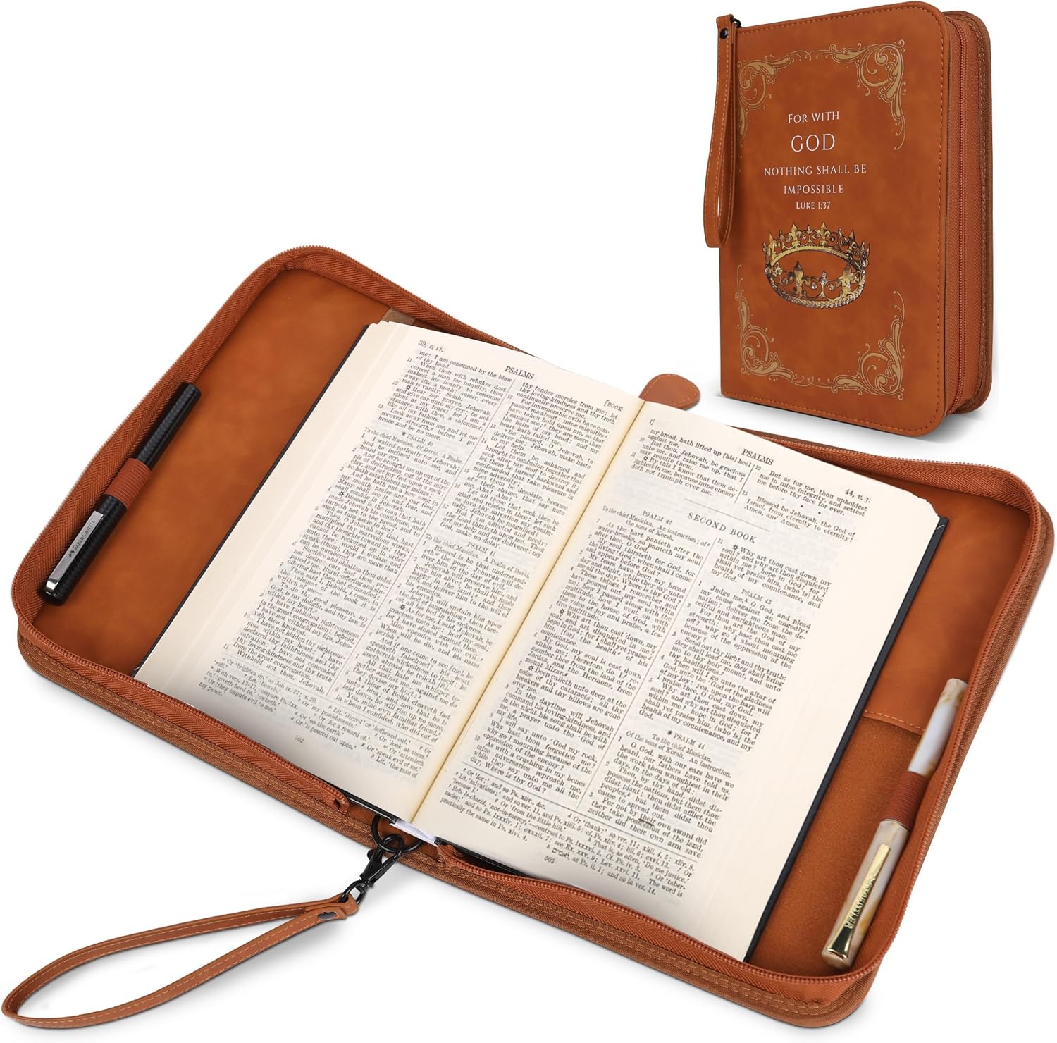 PU Leather Bible Cover for Men & Women with Zipper, Accessory Pocket, Pen Holder, Custom Embossed Front - 10.75" x 7.75" Leather Bible Cover Case for Women & Men