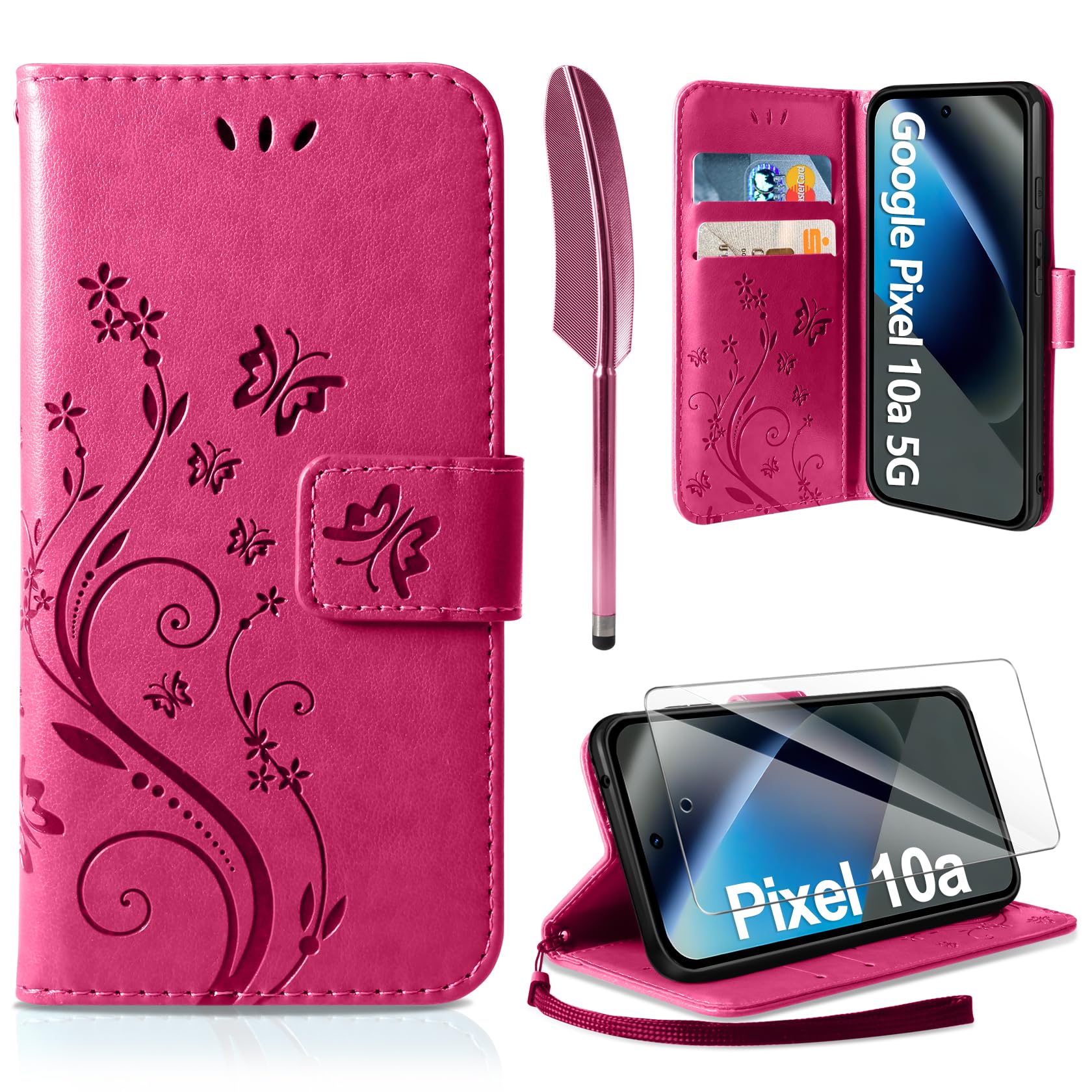 AROYI Lederhülle Kompatibel mit Google Pixel 10A 5G Hülle und Schutzfolie, Flip Wallet Handyhülle PU Leder Case Kartensteckplätzen Schutzhülle Kompatibel mit Google Pixel 10A 5G Rosenrot