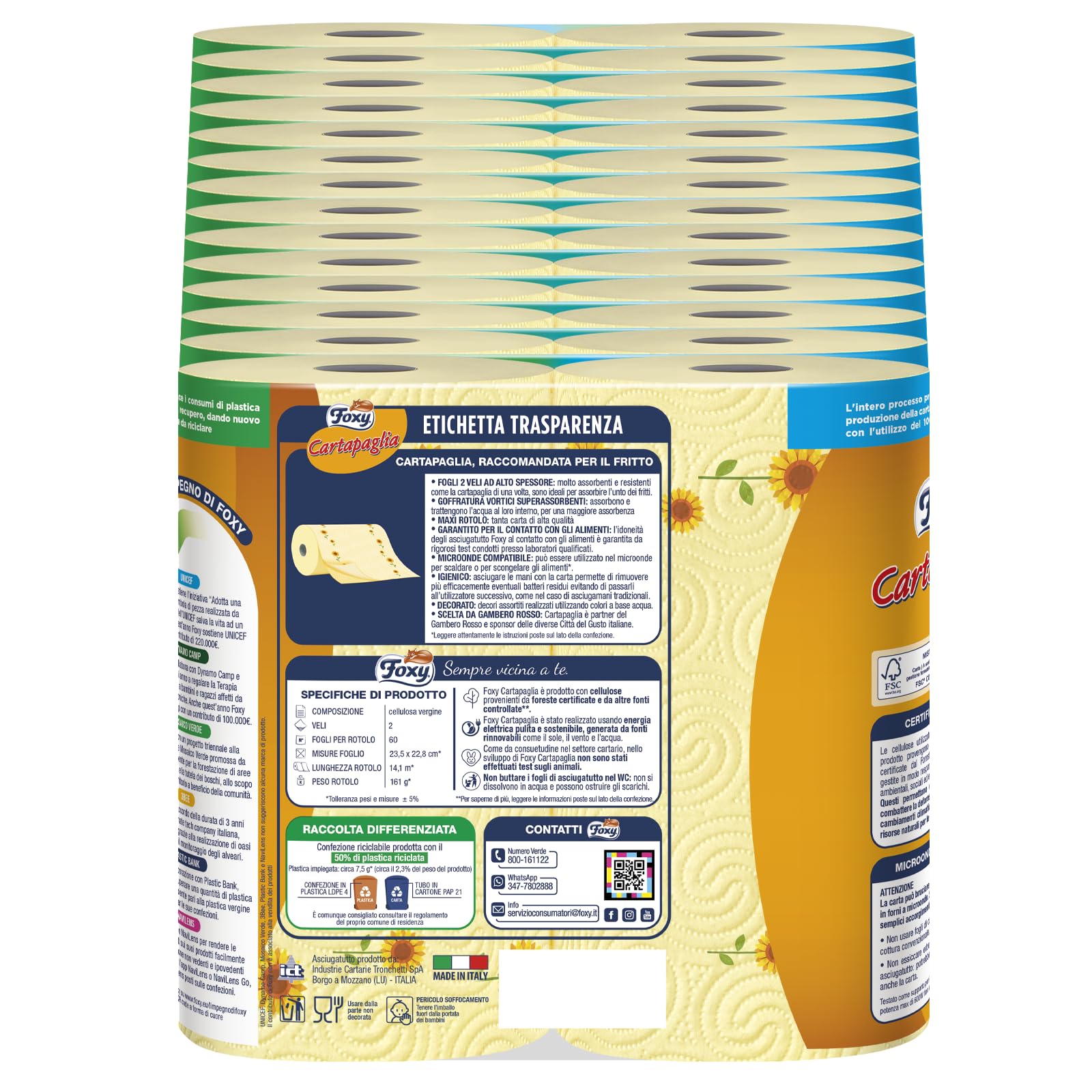 Foxy Cartapaglia | Asciugatutto 2 rotoli | 2 veli elevato spessore Vortici Super-Assorbenti | FSC |100% Energia elettrica rinoabile | Confezione 100% riciclabile prodotta con plastica riciclata
