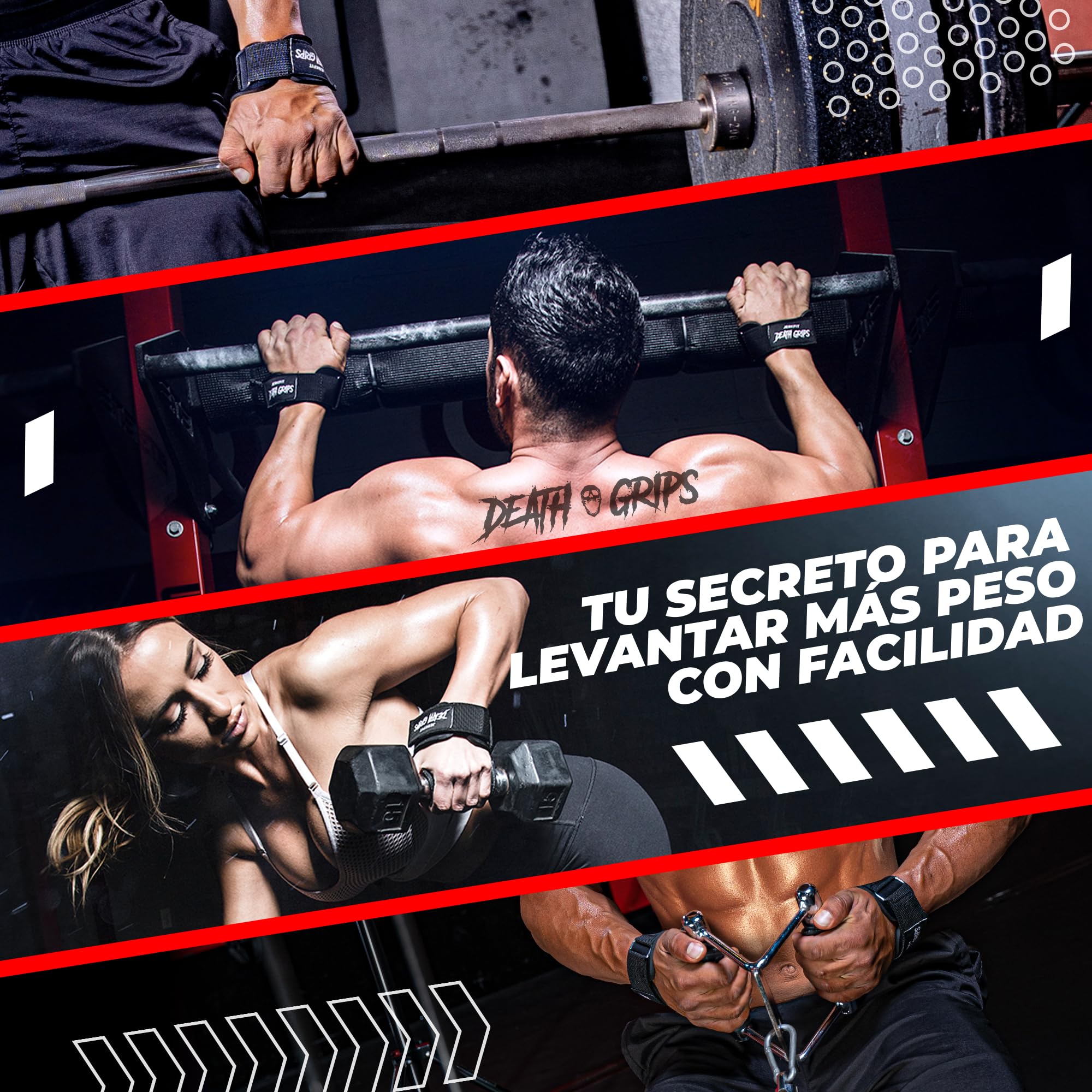 JerkFit Death Grips – Correas de Levantamiento Premium de PVC Goma Grado Neumático para Shrugs & Pull-Ups – Correas con Relleno Neopreno para Protección de Palmas – Correas Resistentes para Gym
