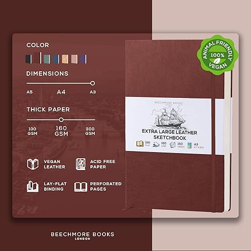 Miniatura 2 de Beechmore Books A3 Sketchbook – 11.7x16.5 Premium Vegan Leather Bound Large Sketch Book Hardcover with 160 Thick 160gsm Perforated Ivory Pages