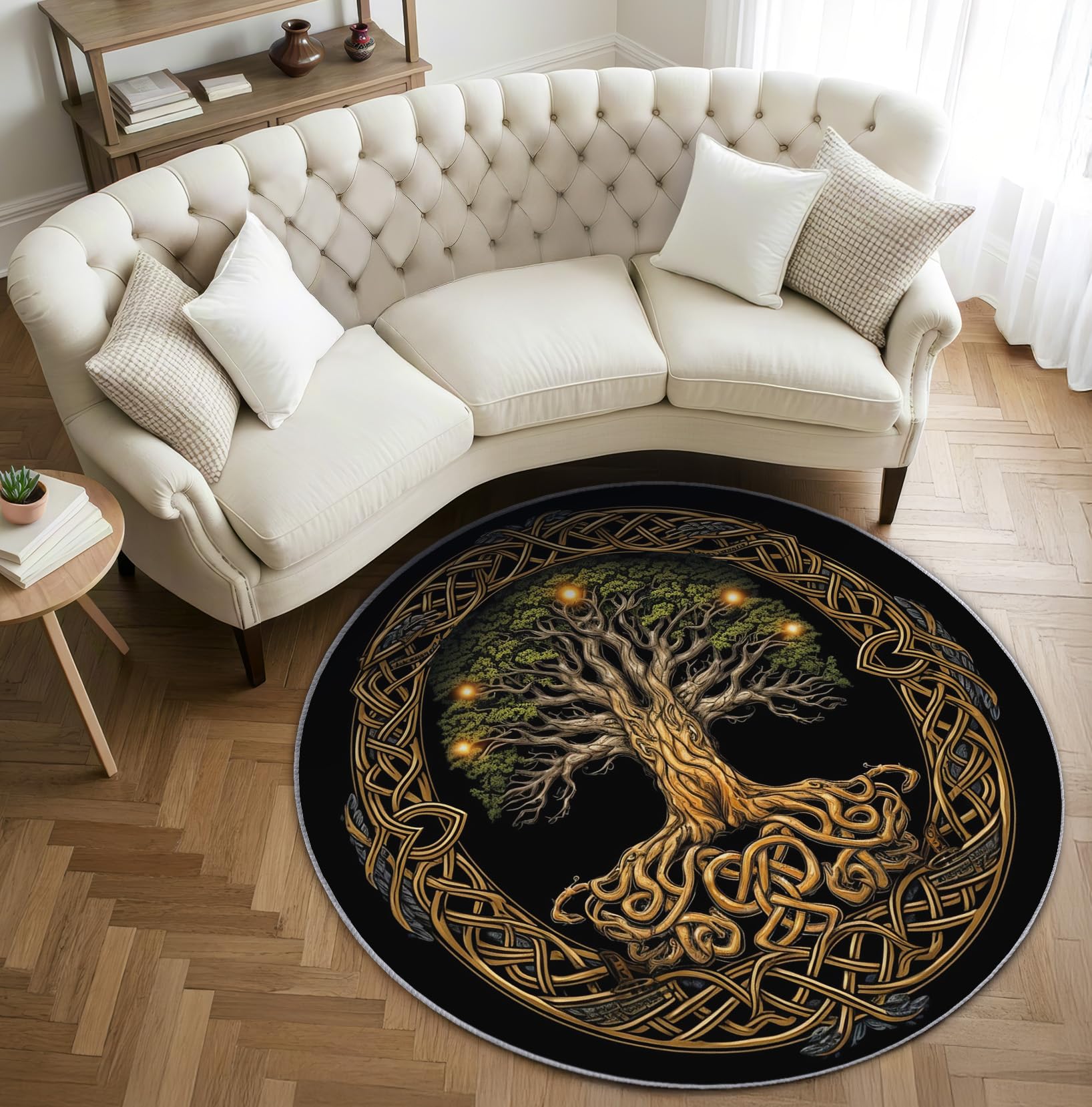 Wikinger Teppich Rund 120cm Kurzflor - Waschbare Teppiche Wohnzimmer Baum des Lebens - Runder Teppich 120 Durchmesser Kinderzimmer - Bettvorleger Schlafzimmer rutschfest Weich