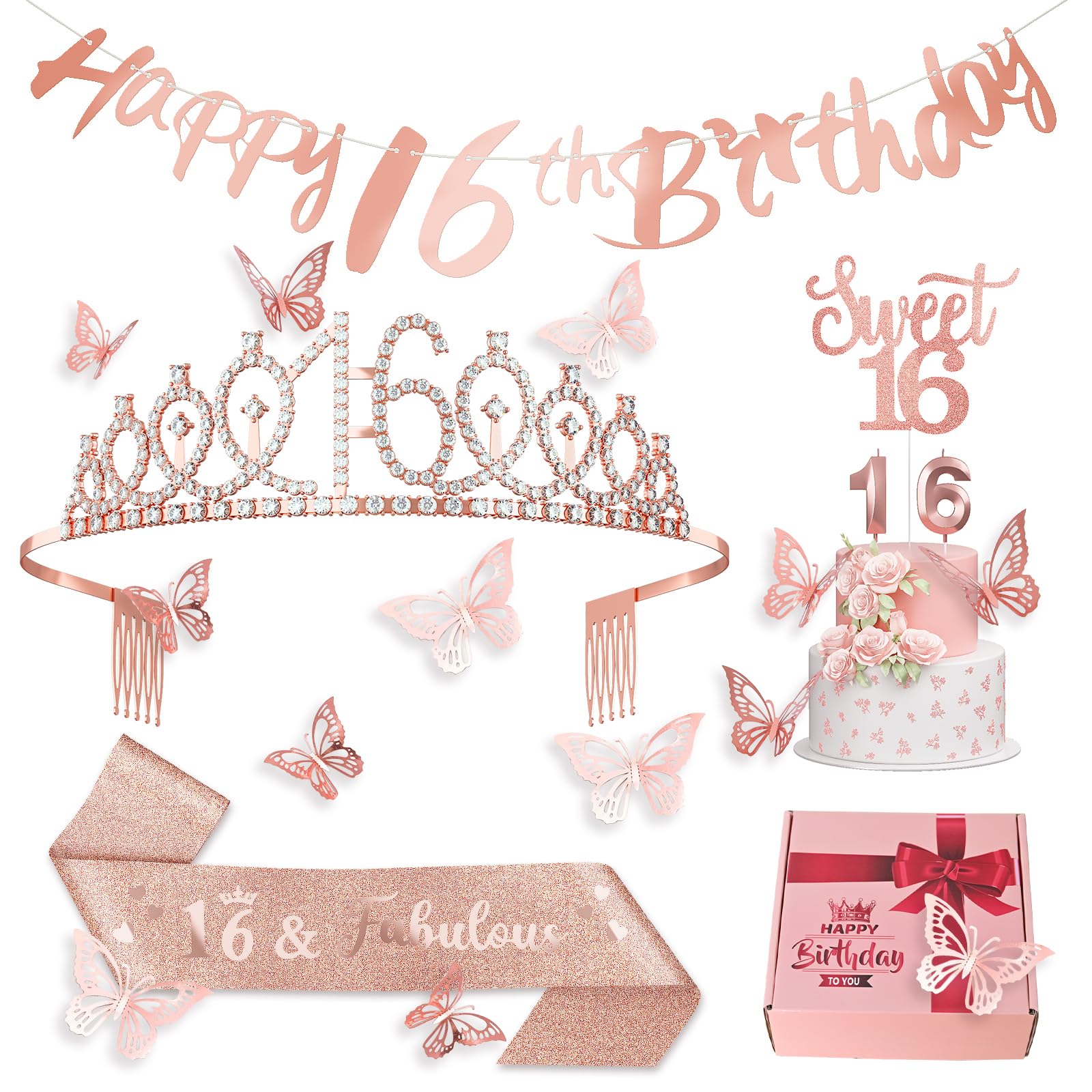 Partydeko-Set Zum 16. Geburtstag – Roségold, Mit Ballons, Banner, Waben, Cake Topper, 42-teilig, Für Mädchen