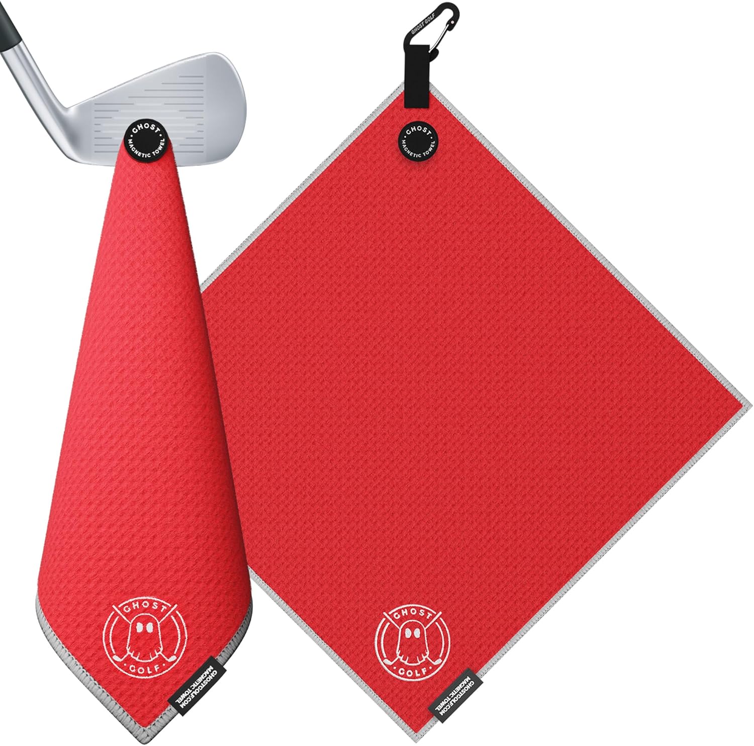 Ghost Golf Magnetic Towel (Greenside) - Premium Ultra-Absorbent Microfiber Golf Towel with Magnet for Golf Carts or Clubs - 18" x 18" Golfing Gear - Waffle Weave Pattern (Red)