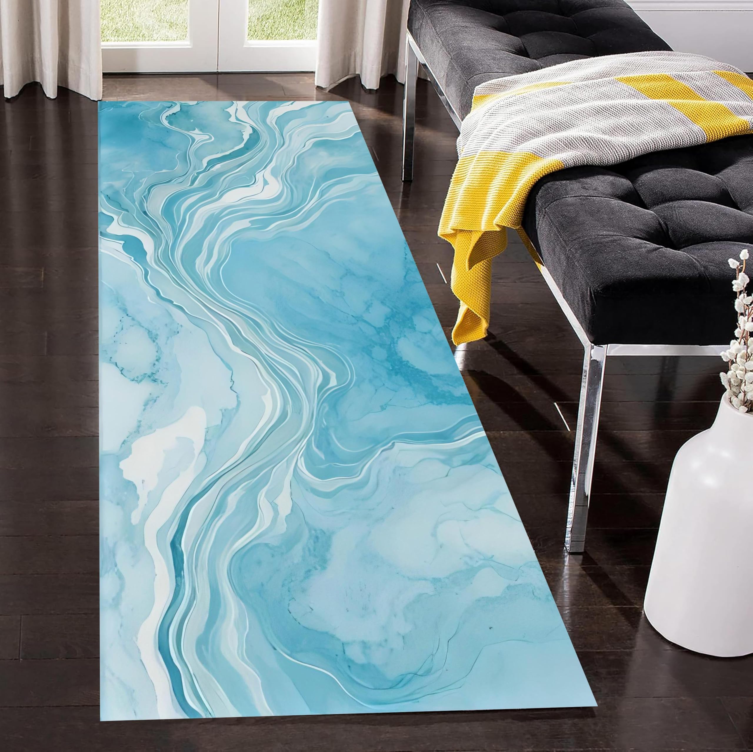 SOJAWA Marble Hallway Runner Rug, 80x150cm Stylish and Beautiful Blue Marble Carpet, Non-Slip Washable Room Decoration Carpets, Suitable for Kitchen Restaurant Welcome Entrance Rugs