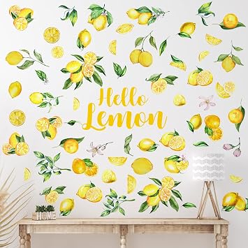 Haull 6 Sheet Summer Lemon Wall Decals Peel and Stick Lemon Wall Stickers Boho Fruit Flower Botanical Leaf Decals Yellow Green Lemonade Wallpaper Summer Stickers for Kitchen Living Dining Room