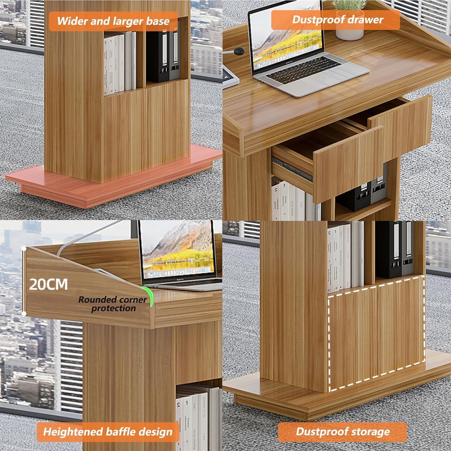Podio de madera maciza con 2 cajones espaciosos y armario debajo del mostrador, atril de pie para presentaciones, discursos y eventos, diseño duradero y elegante