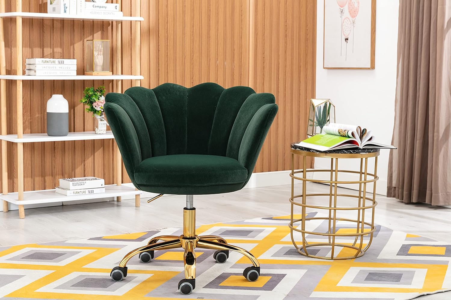ZOBIDO Comfy Home Office Task Chair with Wheels, Cute Modern Upholstered Velvet Seashell Back Adjustable Swivel Vanity Desk Chair, for Women, for Girls, Living Room(Dark Green)
