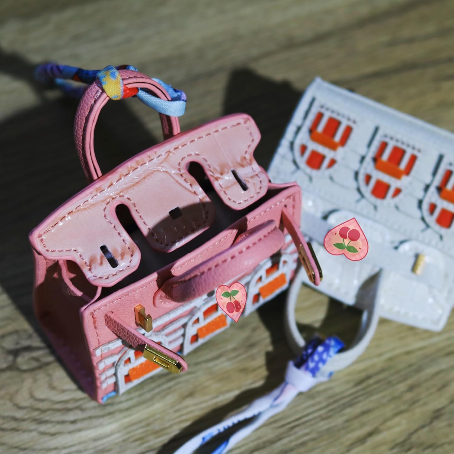 Women's 2 PCS Mini Tote Bag Charms Keychain Pouch Small Coin Purse Wallet (Peach + White)
