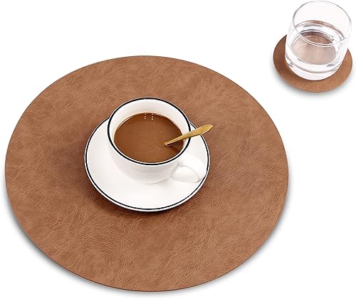 Miniatura 28 de Jovono - Juego de manteles individuales y portavasos redondos: 4 manteles y 4 portavasos de piel sintética de doble costura; diámetro de mantel de D