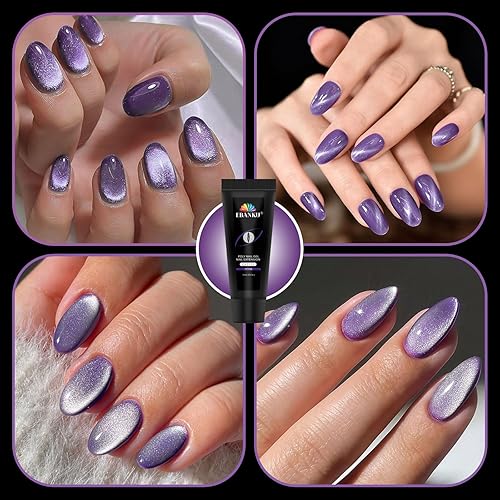 Miniatura 27 de Kit de uñas de gel de poliéster, gel de extensión de uñas de ojo de gato de EBANKU de 6 colores, gel constructor magnético con purpurina, kit 6