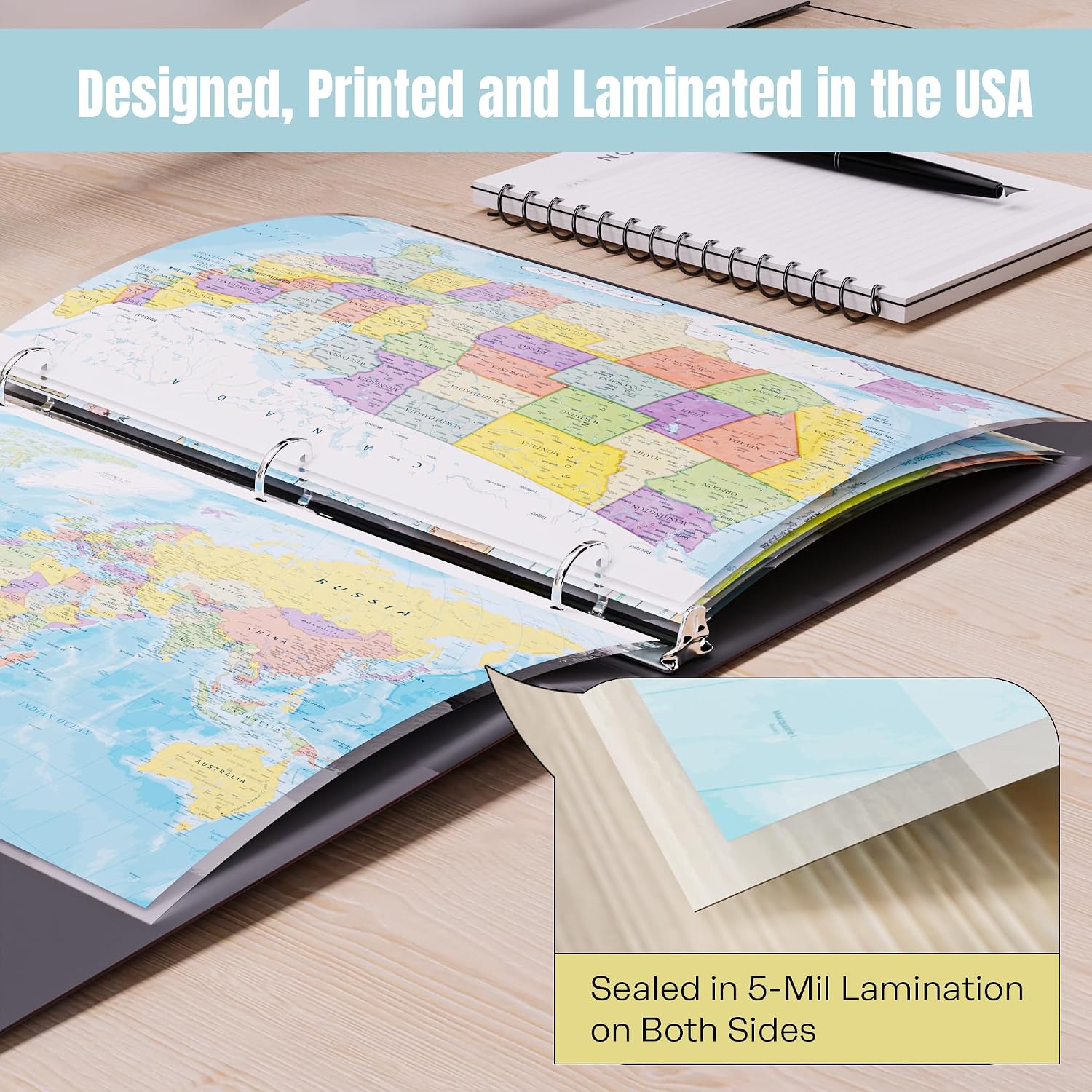 Detailed United States Map & Central America Map Reference Page – Laminated, Double-Sided 3-Ring Binder Insert – Durable Gloss Geography Chart for Study (10 Pack)