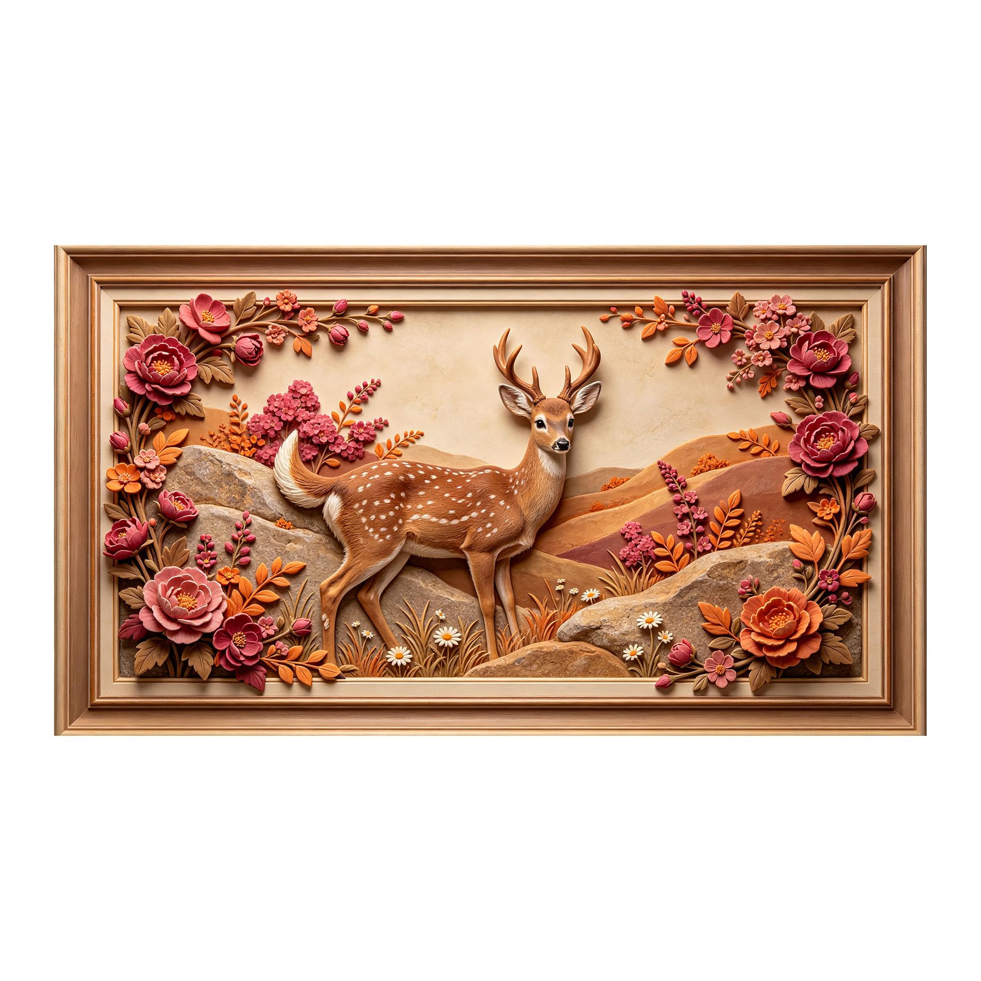 Yzpallescene 3D 3D Framed Wall Art 50cm×90cm Deer Floral Pastoral Landscape Relief Effect Large Size SelfAdhesive Removable Wall Decor Prints Artwork for Living Room Bedroom Office