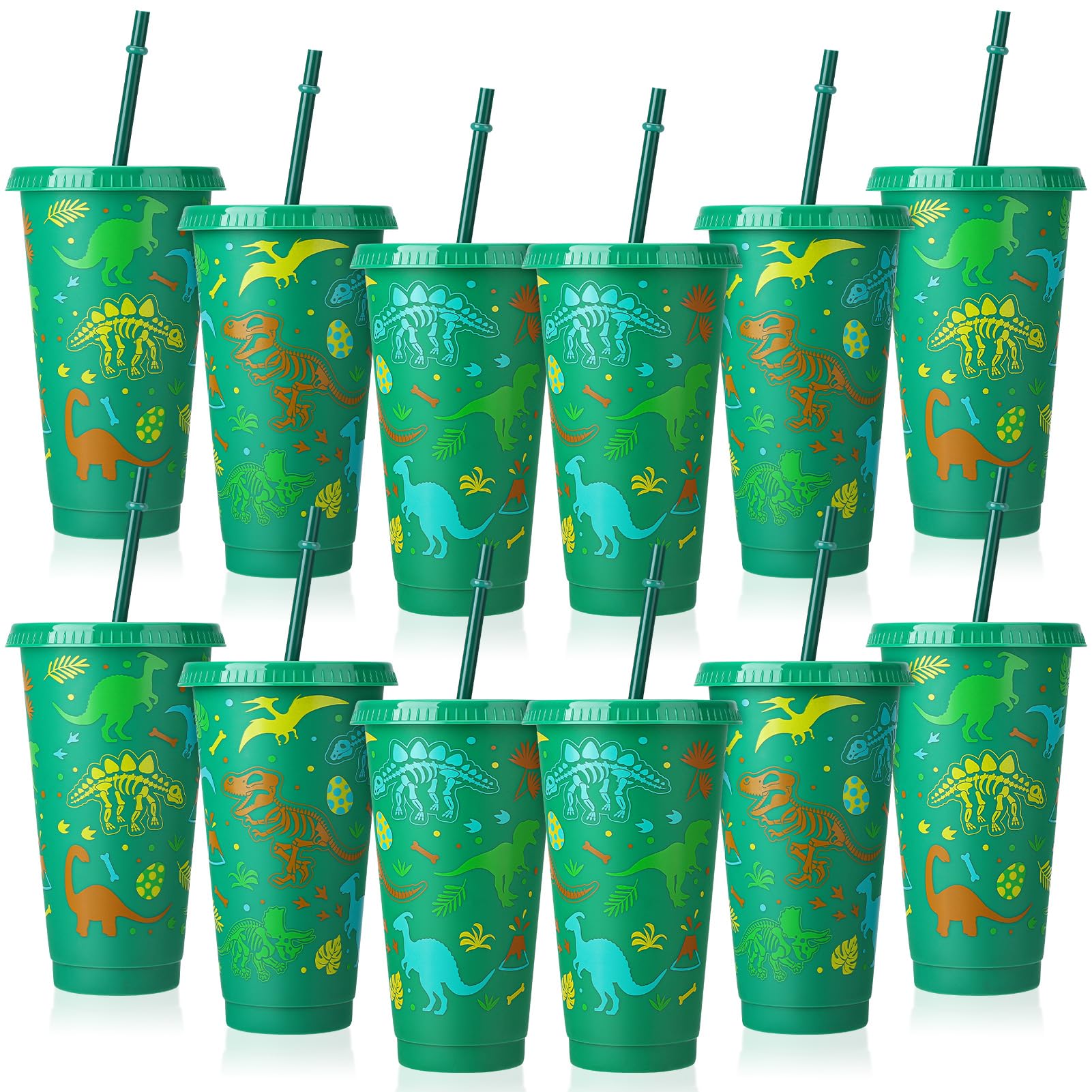 12 Pcs Dinosaur Cups with Lids and Straws, 24 oz Dino Party Favor Plastic Cups for Kids Baby Shower Birthday Supplies Dinosaur Gifts