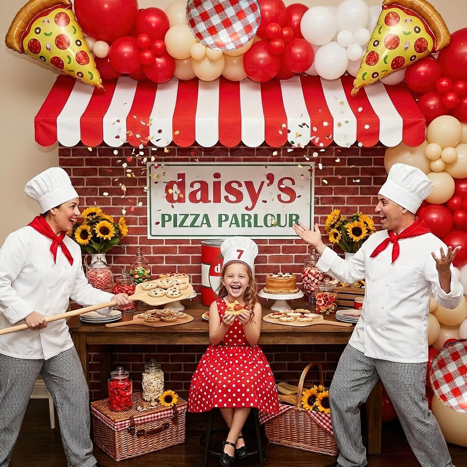 132PCS Pizza Party Balloon Arch Kit, Red White Sand White Latex & Gingham Checkered Foil Balloons with Pizza Foil Mylar for Italian Theme Birthday Baby Shower Christmas New Year Decorations