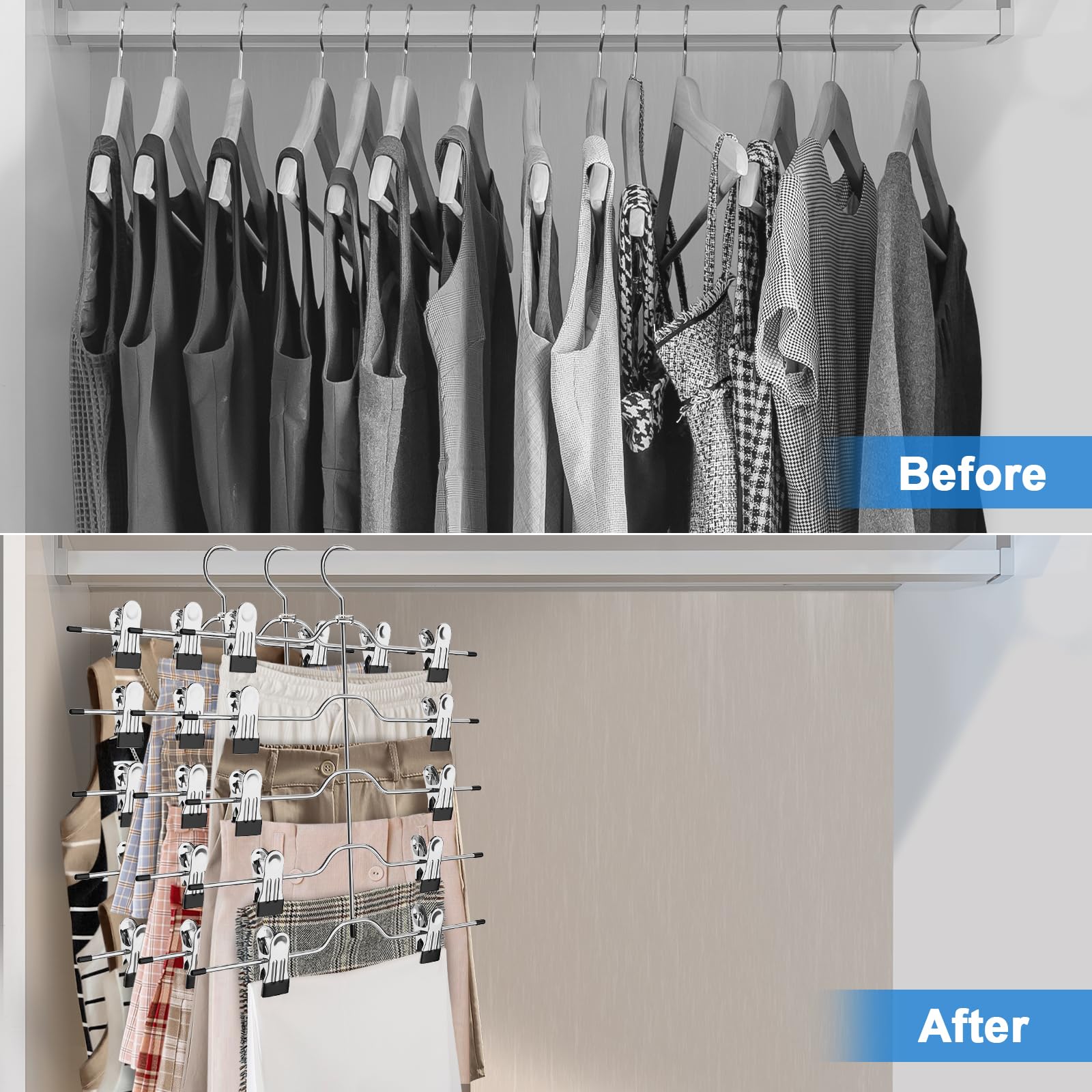 Grucce per gonne a 5 livelli da donna, confezione da 4 grucce salvaspazio con clip antiscivolo regolabili organizer per armadi e pantaloncini per gonne, pantaloni, pantaloncini, jeans, nero