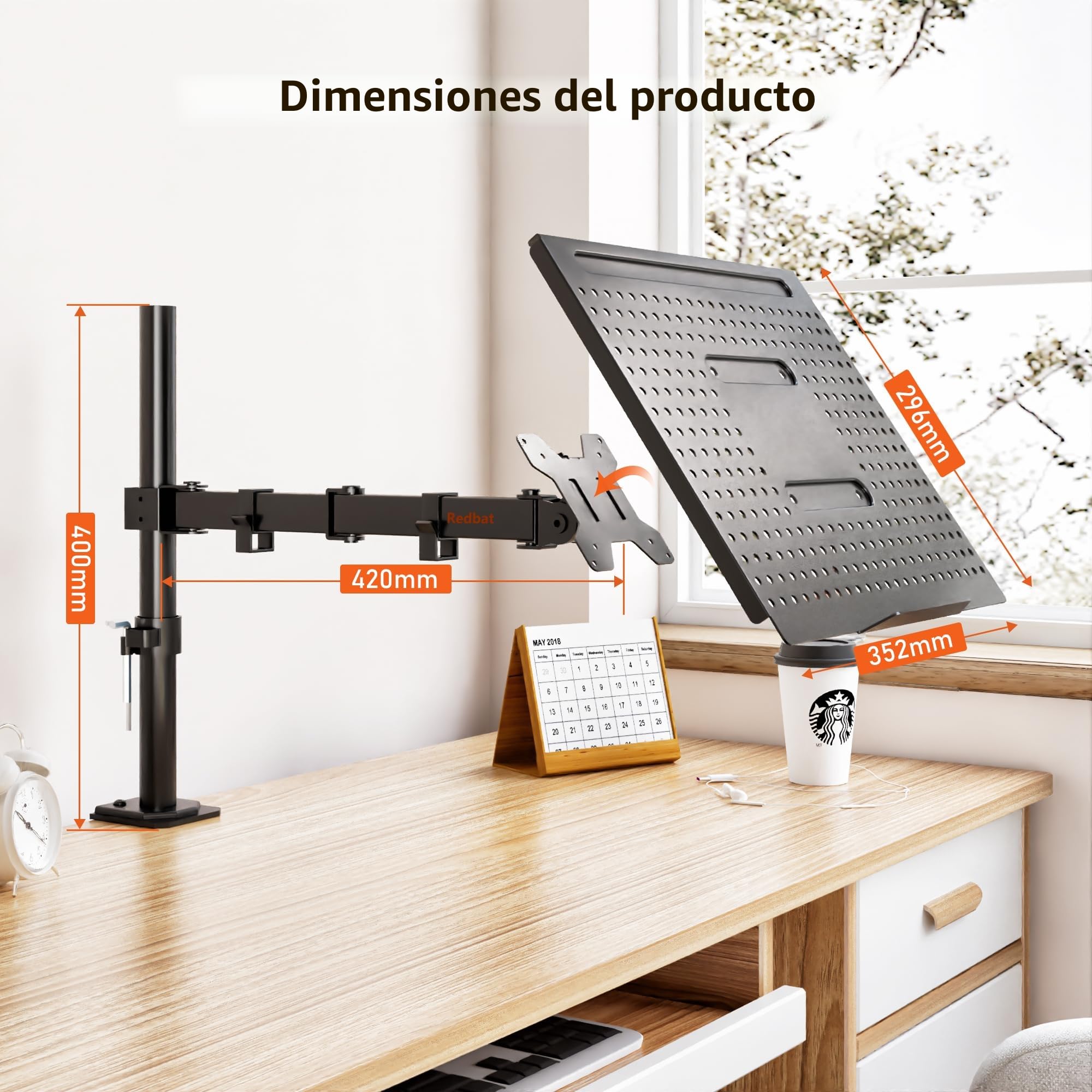 Redbat Soporte de Monitor y Bandeja Ventilad para Portátil de 16 Pulgadas y Pantallas LCD LED de 13 a 32 Pulgadas, hasta 8 kg, Brazo Monitor con Inclinación, Giro y Rotación