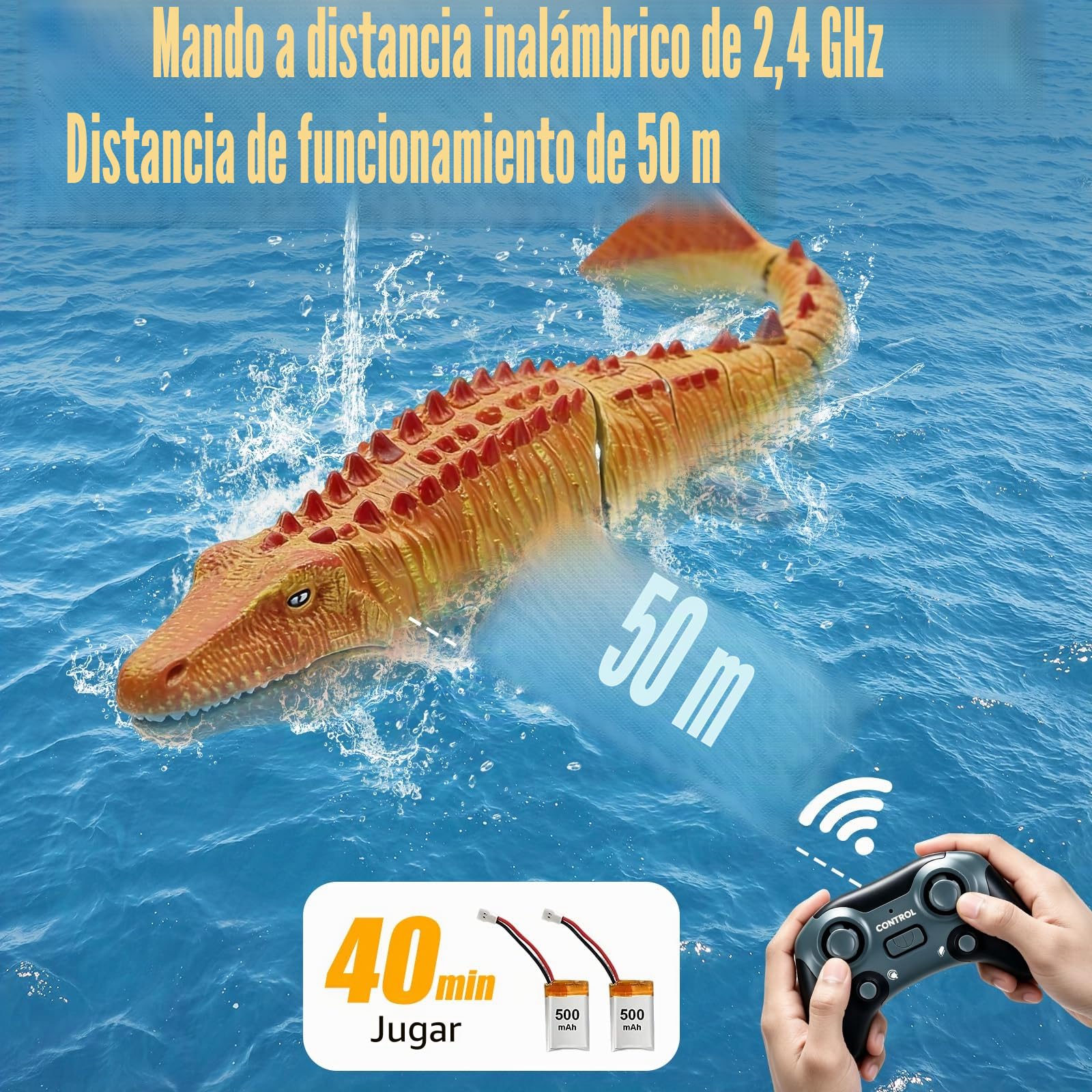 Teledirigido Mosasaurus RC Barco, 2,4 GHz Control Remote Tiburone Barco | Piscinas y Lagos Juguetes Eléctricos de Dinosaurios, Rociar Agua, 2 Baterías, Regalo para Niños y Niñas (Amarillo)