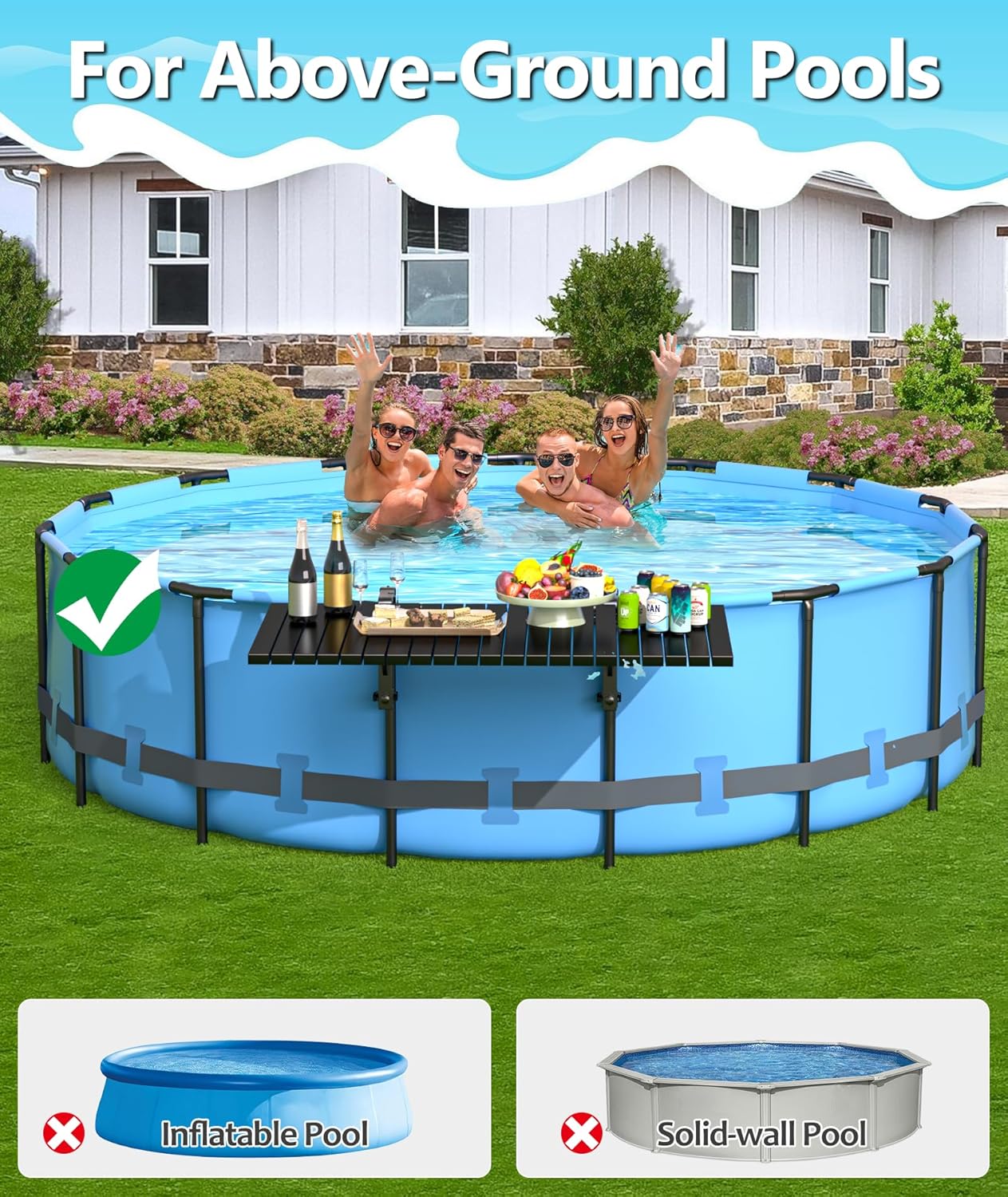 BoYata Pool Bar, Above Ground Pool Side Bar, 49.4× 9.6" Aluminum Pool Side Table Holds up to 110LBS, Swim Up Bar Fits Top Rails 4.48" or Less, Frame Above Ground Round & Oval Swimming Pool Accessories