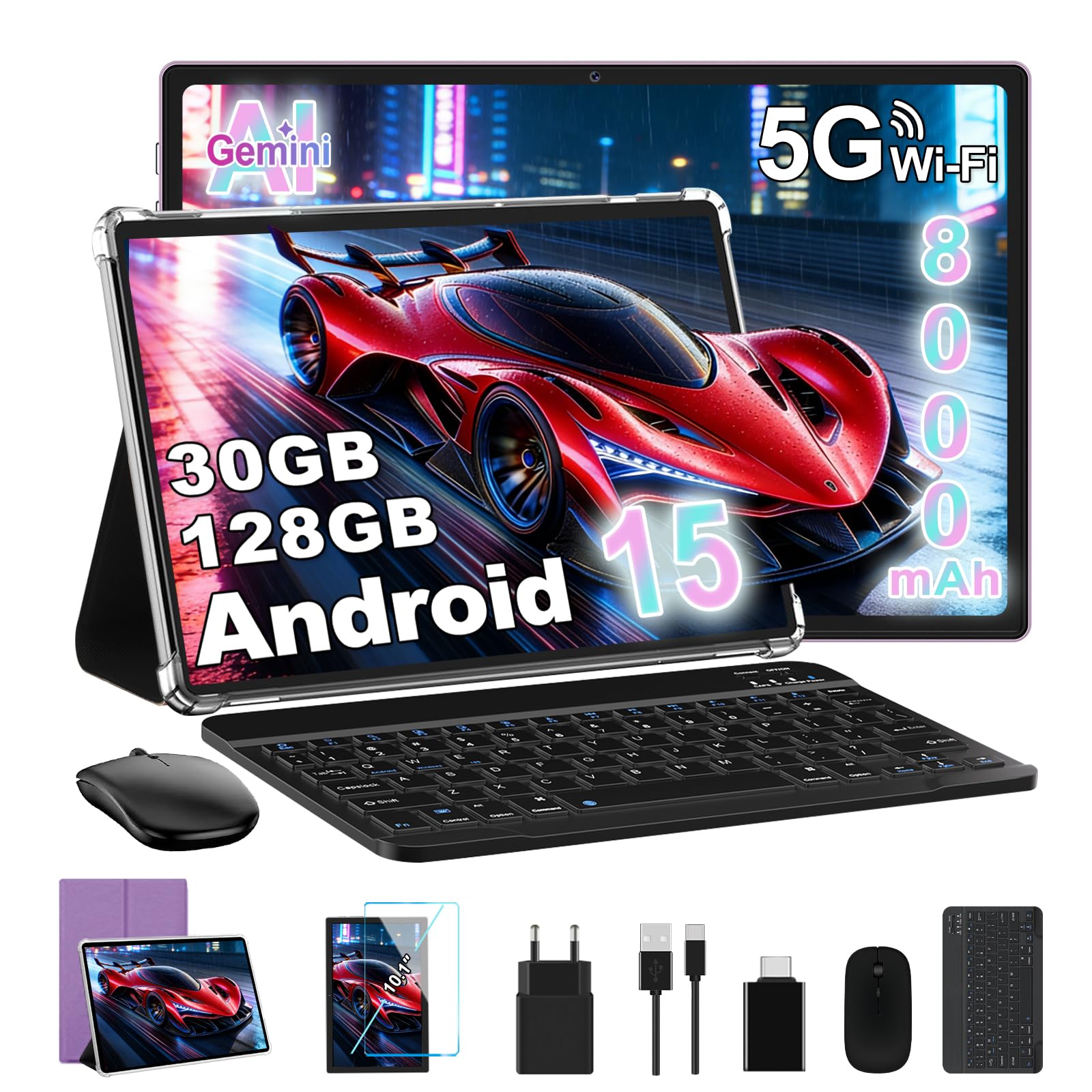 Tablette 10" Android 15 Gemini AI, 30Go RAM, 8000mAh, 128Go - Violet