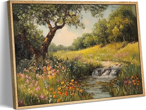 Arte de pared de lienzo vintage enmarcado, arroyo de álamos, naturaleza, pintura de paisaje, imagen, decoración de pared, flores rústicas, impresión