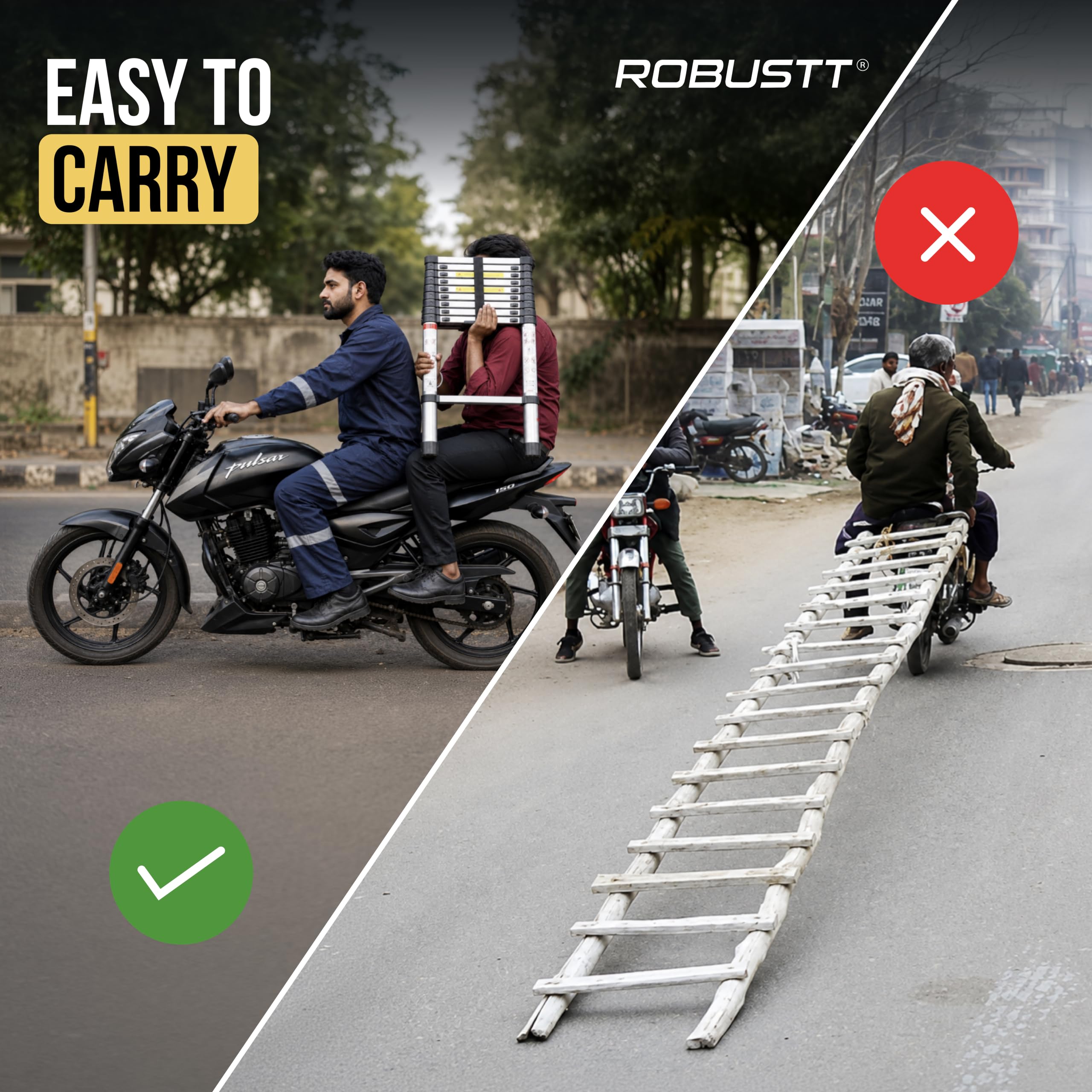 Robustt 9.5 FT / 290 Cm Telescopic Folding Ladder | 150 kg Load Capacity| Locking Steps| Collapsible | Portable Ladder for Home, Construction and Outdoor use | 2 Years Warranty — Amazon image 6