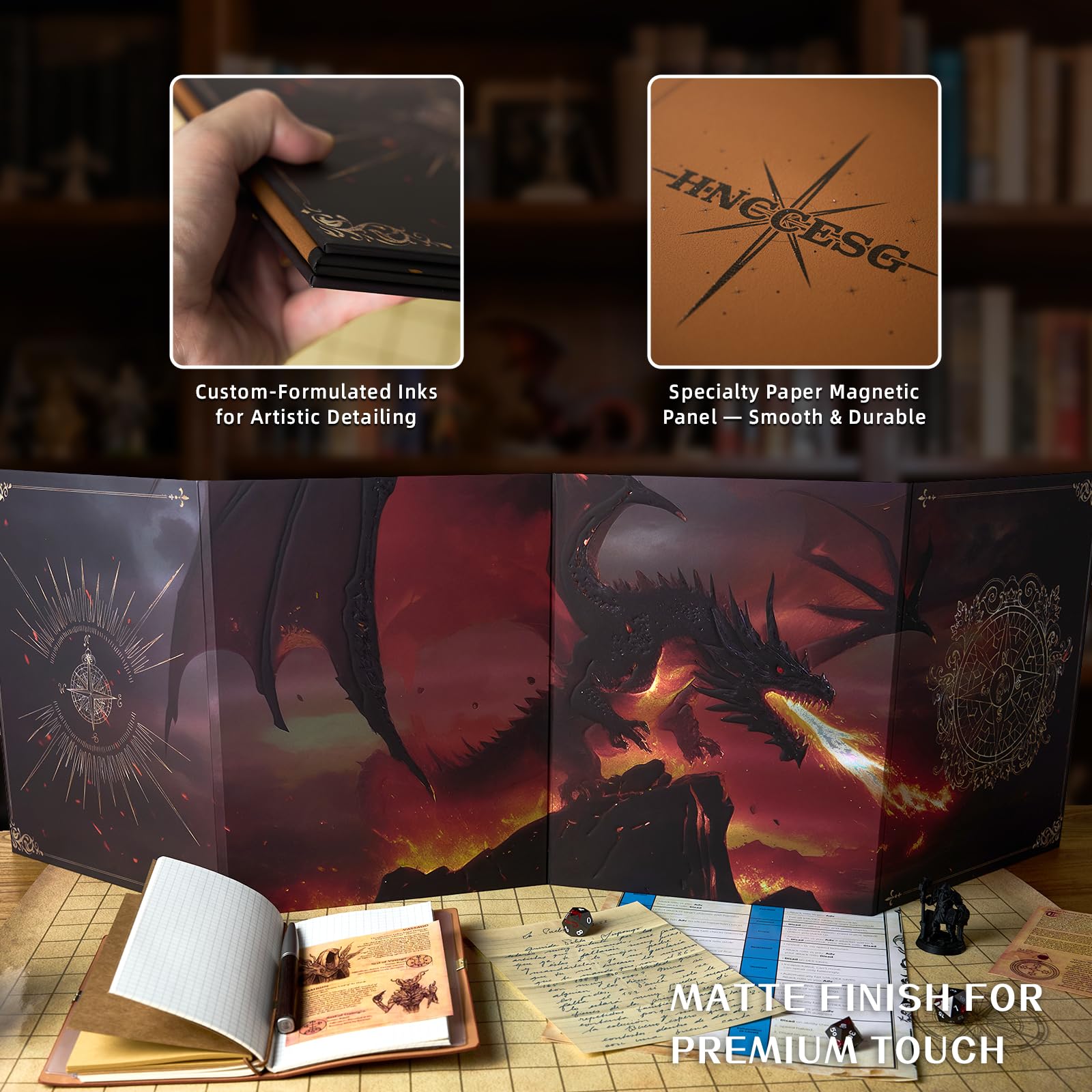 Magnetischer DM Screen 5e–3D-geprägter Dungeon Master Sichtschirm (4-teilig,faltbar & anpassbar)-Premium RPG Zubehör & Geschenk für Dungeon Masters,Männer & Freunde
