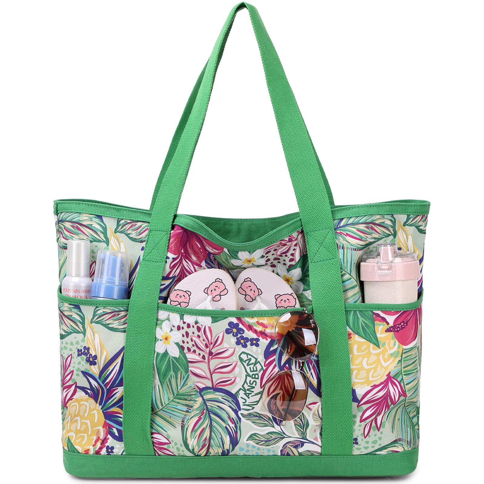 JANSBEN Bolsa de playa XXL familiar para mujer, grande, con cremallera, bolsa de playa de lona, bolso de la compra, para playa, viajes, compras, Green Leaf