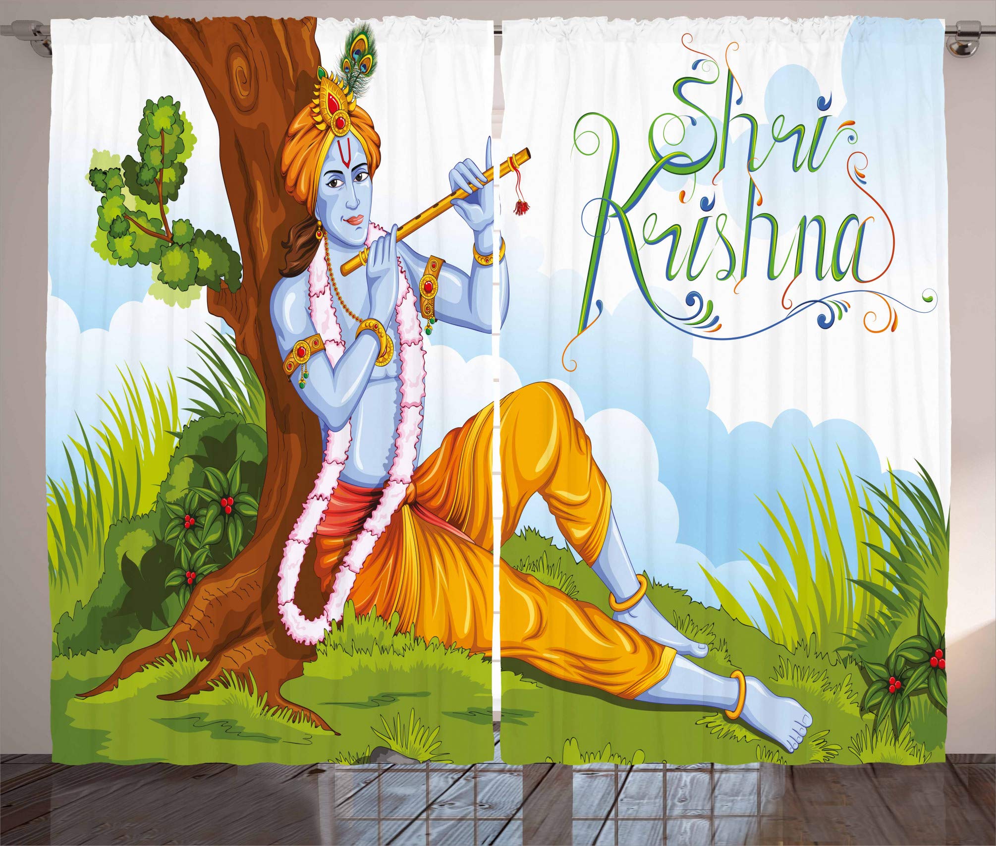 sheer curtains Playing Flute Forest Curtain 63 inch length,Window Treatments, Living Room Bedroom drapes Set 54" W x 63" L