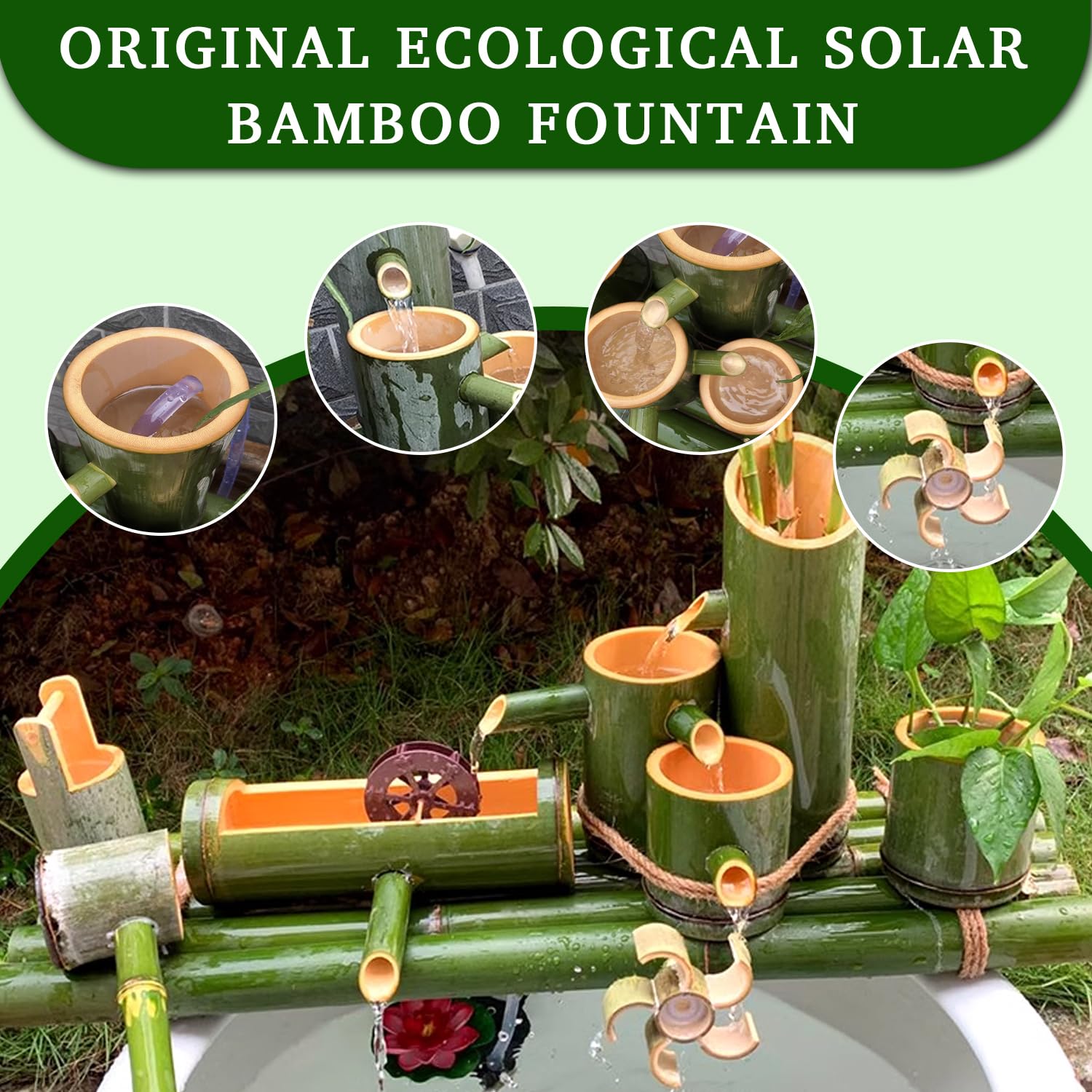 Solarna fontanna bambusowa – wolnostojąca, ręcznie robiona dekoracja ogrodowa Zen z łyżką z pompką, kołem Feng Shui i cyrkulacją wody, do domu i ogrodu
