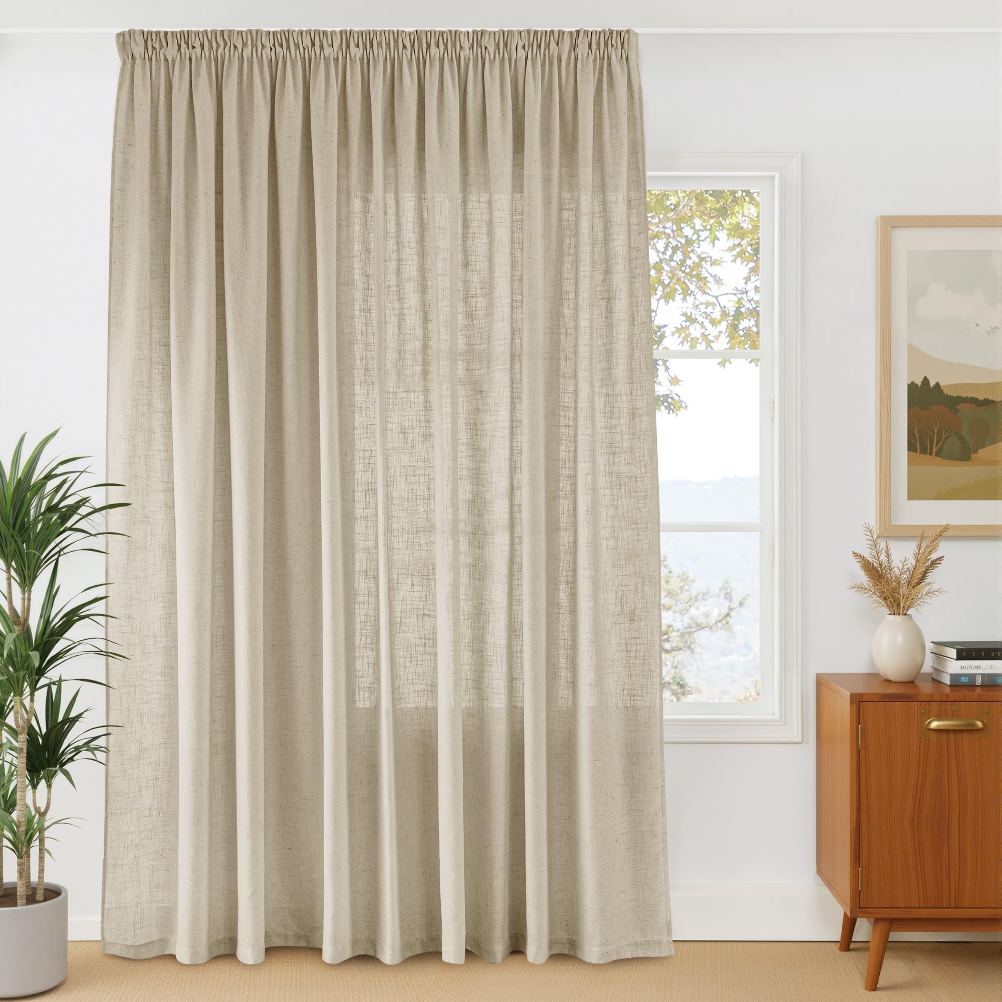 PONY DANCE Cortinas Salon de Lino, Visillos Semi Translucidas de 3 Metros para Dormitorio/Comedor/Separador con Fruncida 1 Panel,300x260cm,Beige Natural
