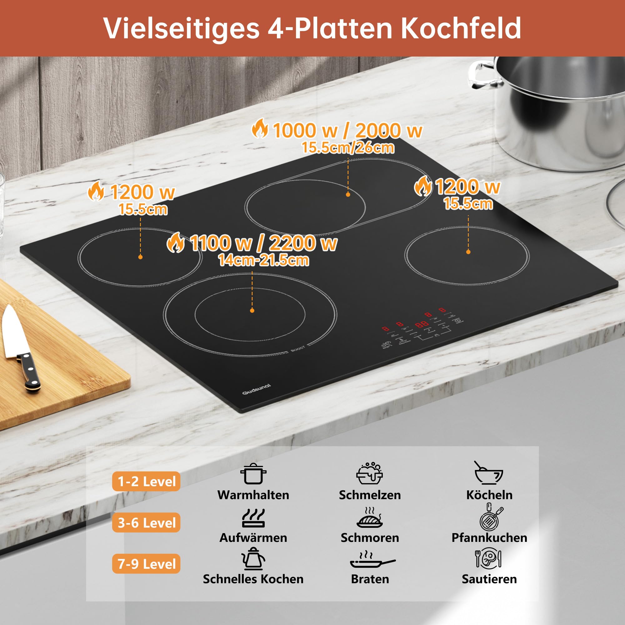 Kochfeld, Glaskeramikkochfeld 60 cm mit 4 Platten, 6,6 kW, Bräterzone, Dualkochzone, 9 Heizstufen, Timer, Automatische Abschaltung, Kindersicherung, Herdplatte 4 Kochfelder, Mattschwarz