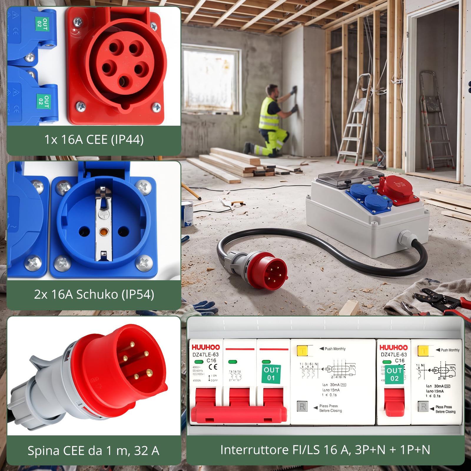 EYPINS Distributore di Corrente da Cantiere con Cavo 1M,2 Schuko+1 CEE 16 A | Protezione FI/LS,Presa Schuko e CEE,Quadro Elettrico Esterno da Parete,Impermeabile IP66,per Giardino,Garage,Officina,Cortile