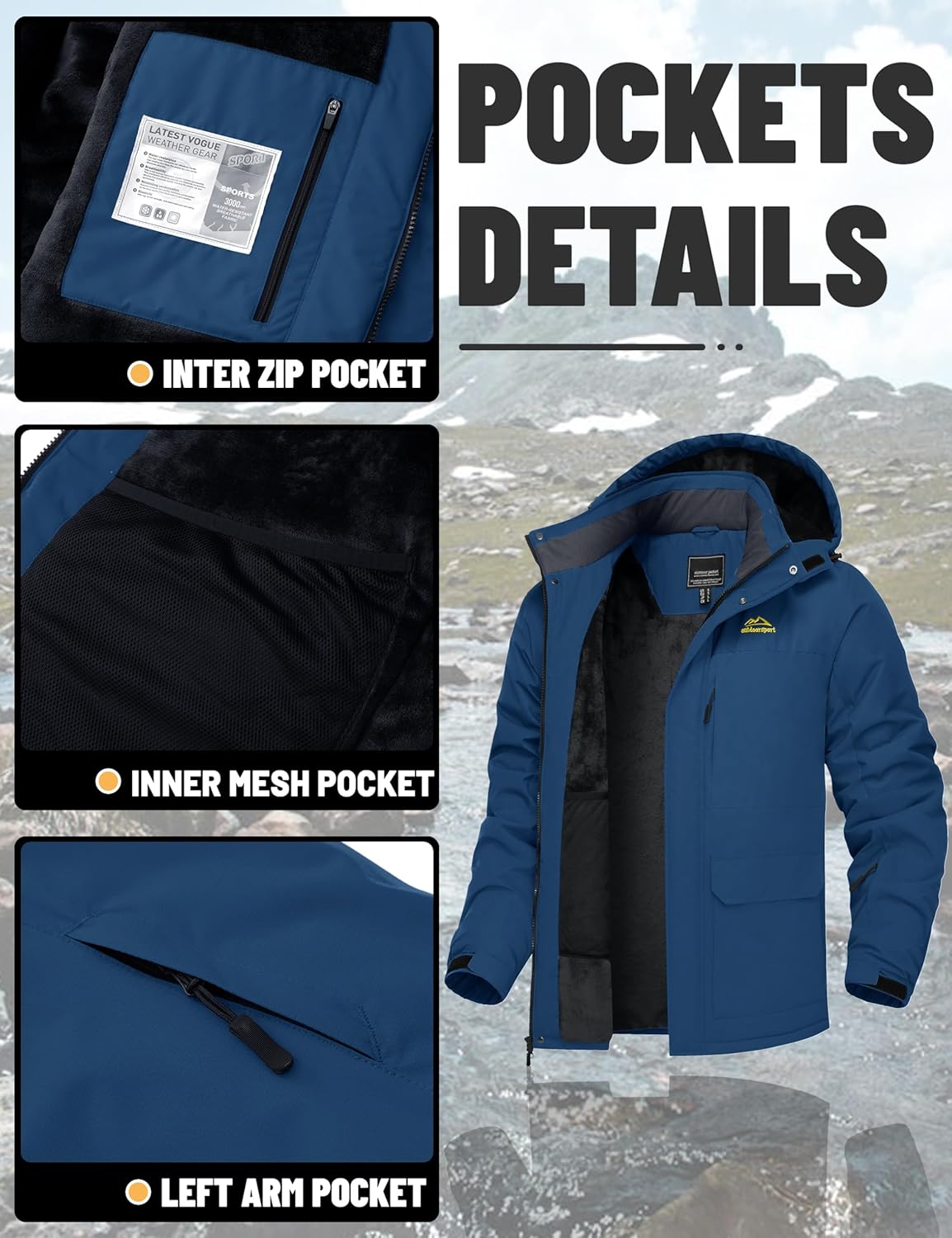 TACVASEN Men's Winter Coats with 9 Pockets Waterproof Ski Jacket Warm Fleece Lined Parka with Hood for Work Outdoor - Image 5