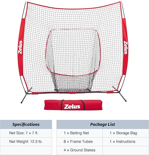 Miniatura 2 de ZELUS Red de béisbol de 7 pies x 7 pies, softbol para golpear y lanzar con bolsa de transporte, estacas de suelo, respaldo portátil y marco de arco,