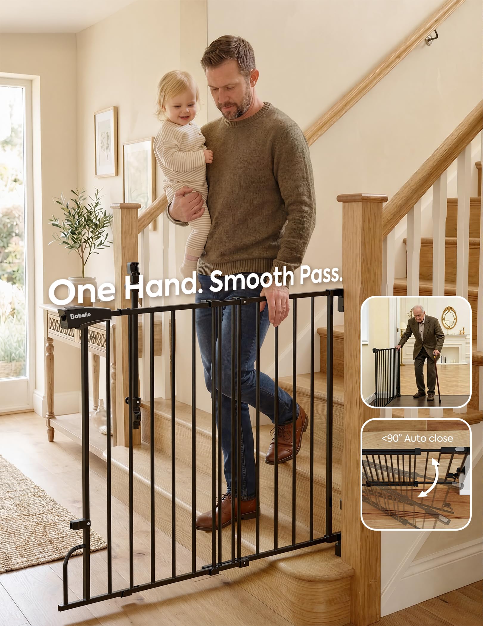 Babelio Cancello per cani e bambini da 90,2 a 139,7 cm, senza barra inferiore, per scale e porte, facile da rimuovere e installare, funzione di chiusura automatica, porta passerella extra larga