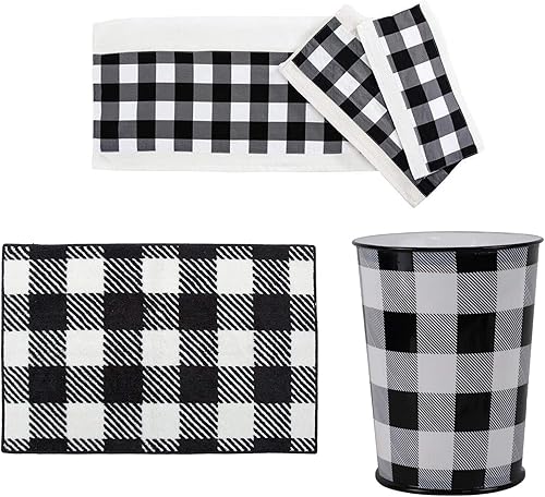 HiEnd Accents Camille - Juego de accesorios de baño de 5 piezas a cuadros blancos y negros con toallas, papelera, alfombra de baño