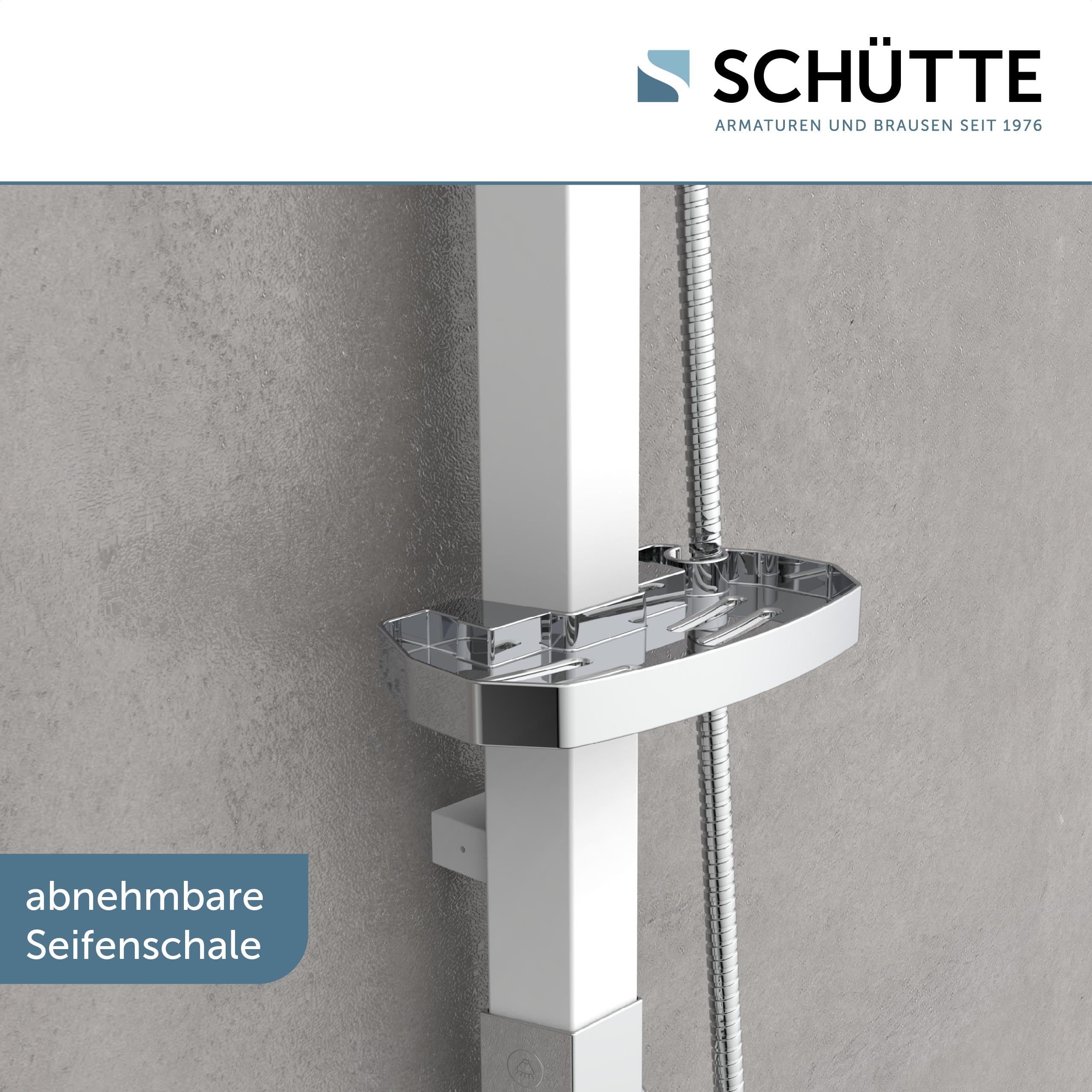 SCHÜTTE MADAGASKAR Regendusche mit Handbrause, Duschsystem in weiß mit praktischer Ablage und Wandhalterung, Duschset für Duscharmaturen, 120 cm
