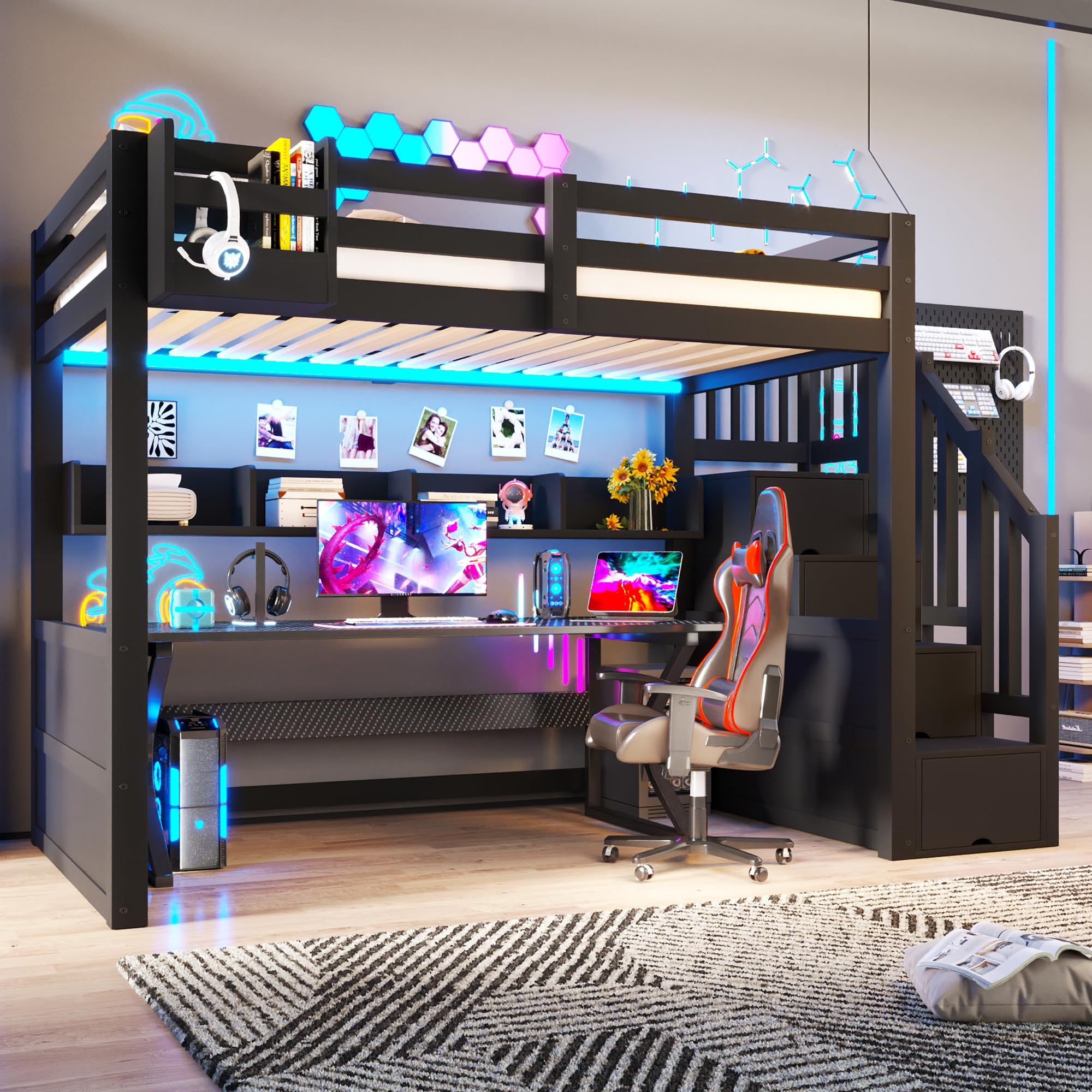 Zepneiy Letto Mezzanine in Legno 90x200 cm con Illuminazione a LED, Letto Mezzanine Singolo con Armadi, Spazio di Archiviazione e Scala di Archiviazione, Letto con Rete a Doghe, Nero (Materasso Non