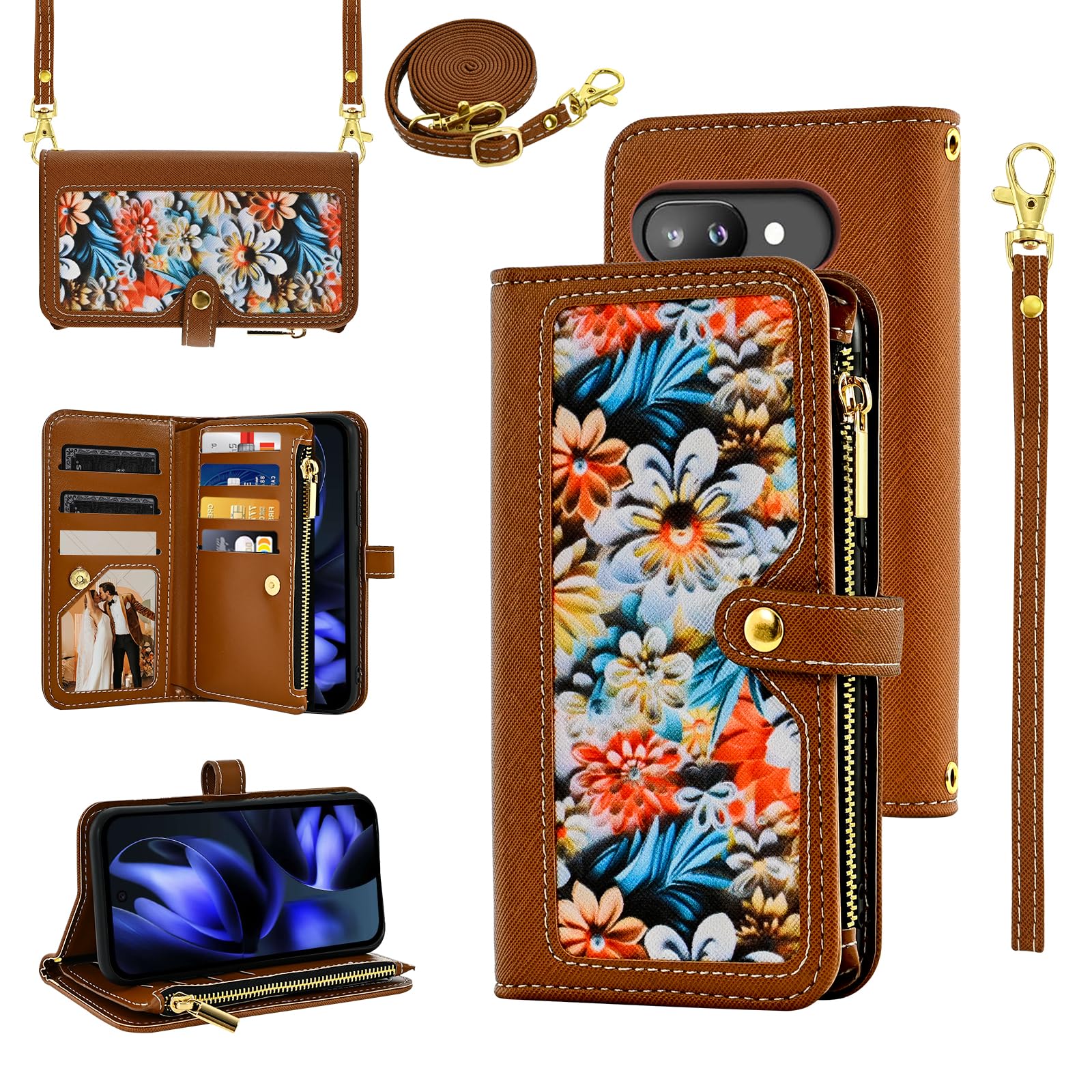 Furiet Floral Wallet Case for Google Pixel 9A with Wrist/Shoulder Strap Flip Zipper Purse, Luxury PU Leather Credit ID Card Holder Stand Accessories