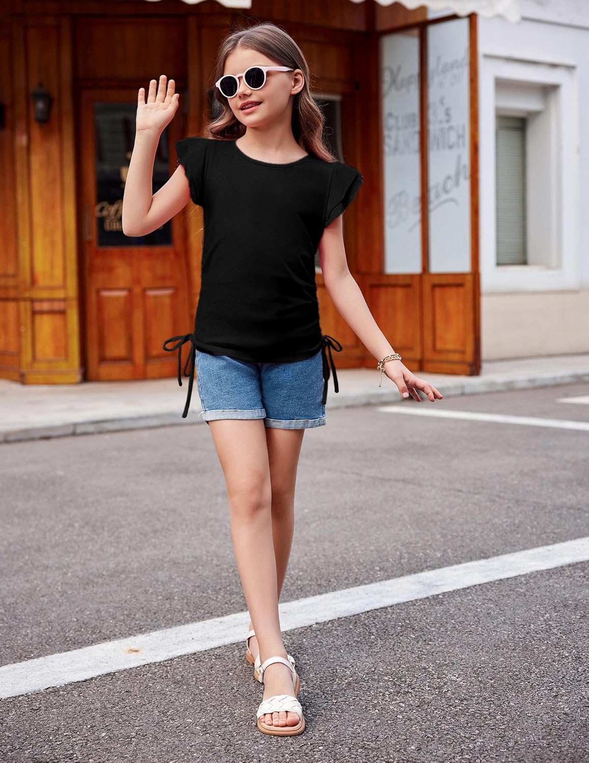 Arshiner Girls T Shirts Ruffle Short Sleeve Ruched Knot Side Tunic Blouse Summer Tee Tops - Image 3